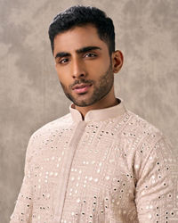 Twamev Men Pink Georgette Mirror Work  Embroidered Kurta Set
