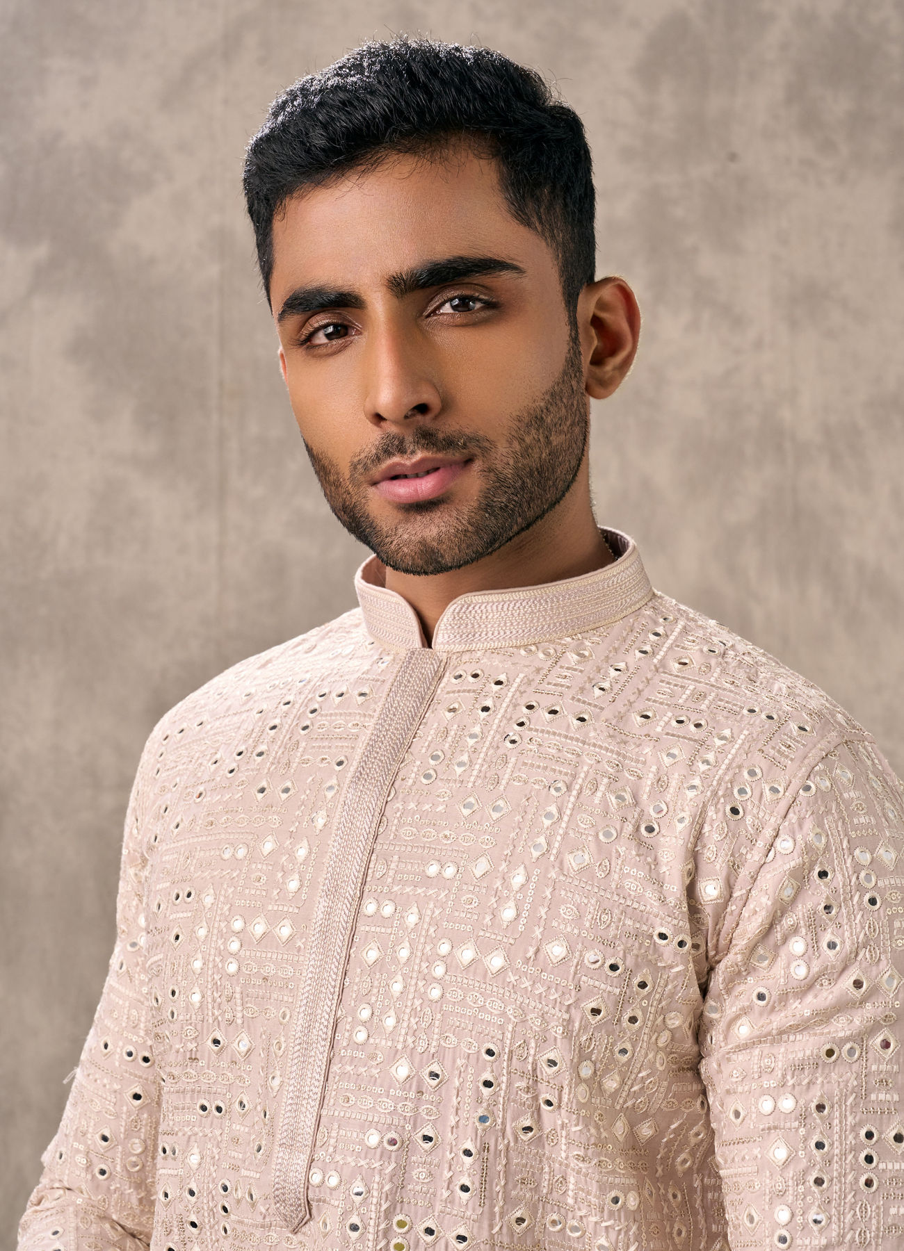 Twamev Men Pink Georgette Mirror Work  Embroidered Kurta Set