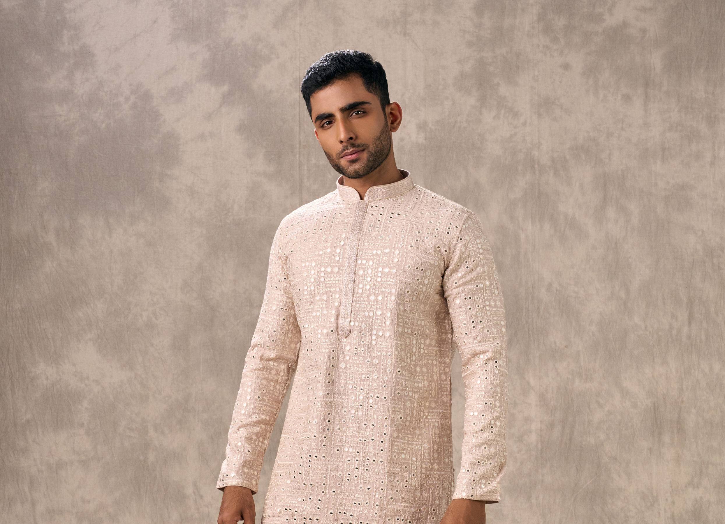 Twamev Men Pink Georgette Mirror Work  Embroidered Kurta Set