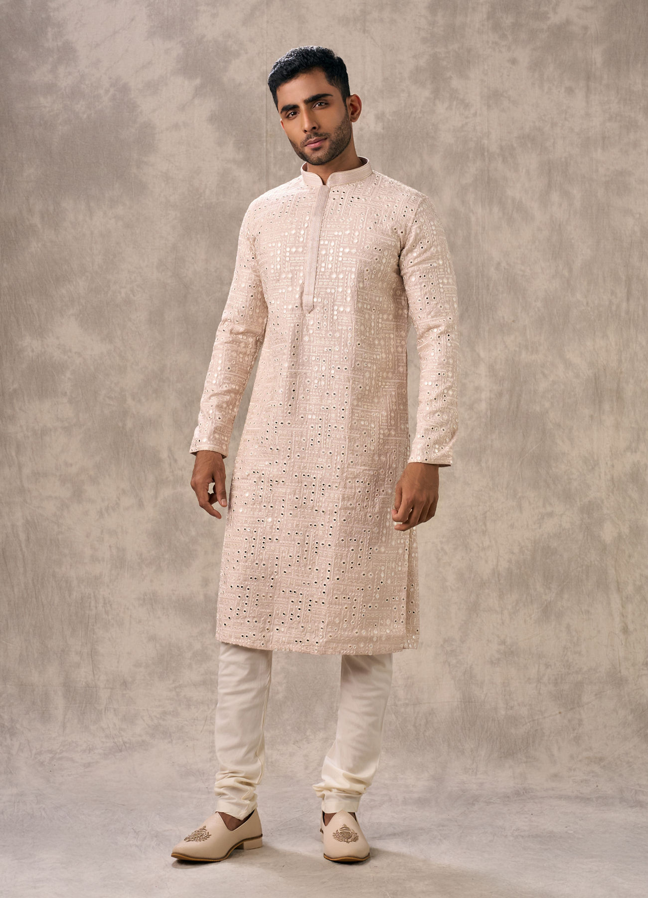 Twamev Men Pink Georgette Mirror Work  Embroidered Kurta Set