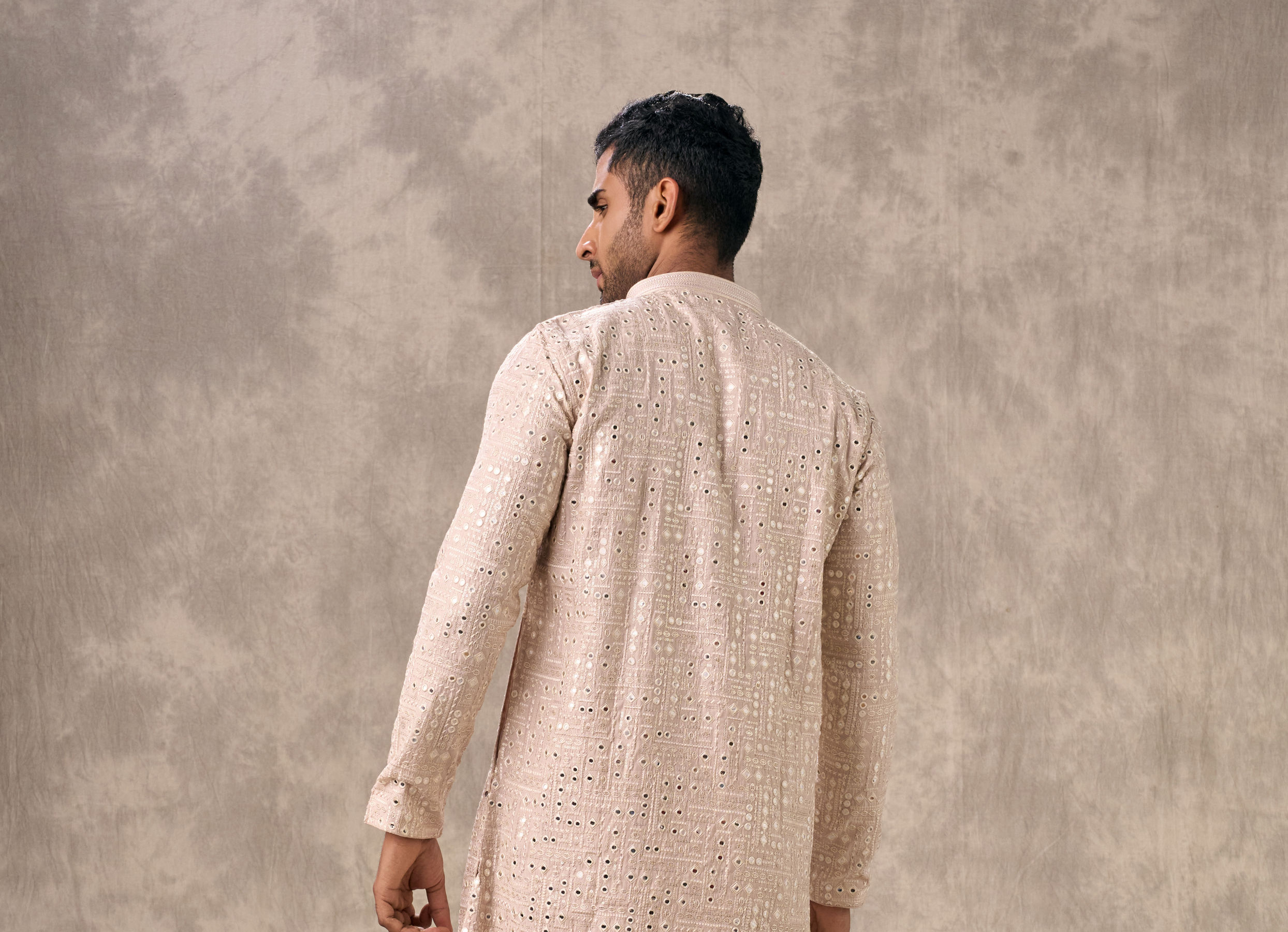 Twamev Men Pink Georgette Mirror Work  Embroidered Kurta Set