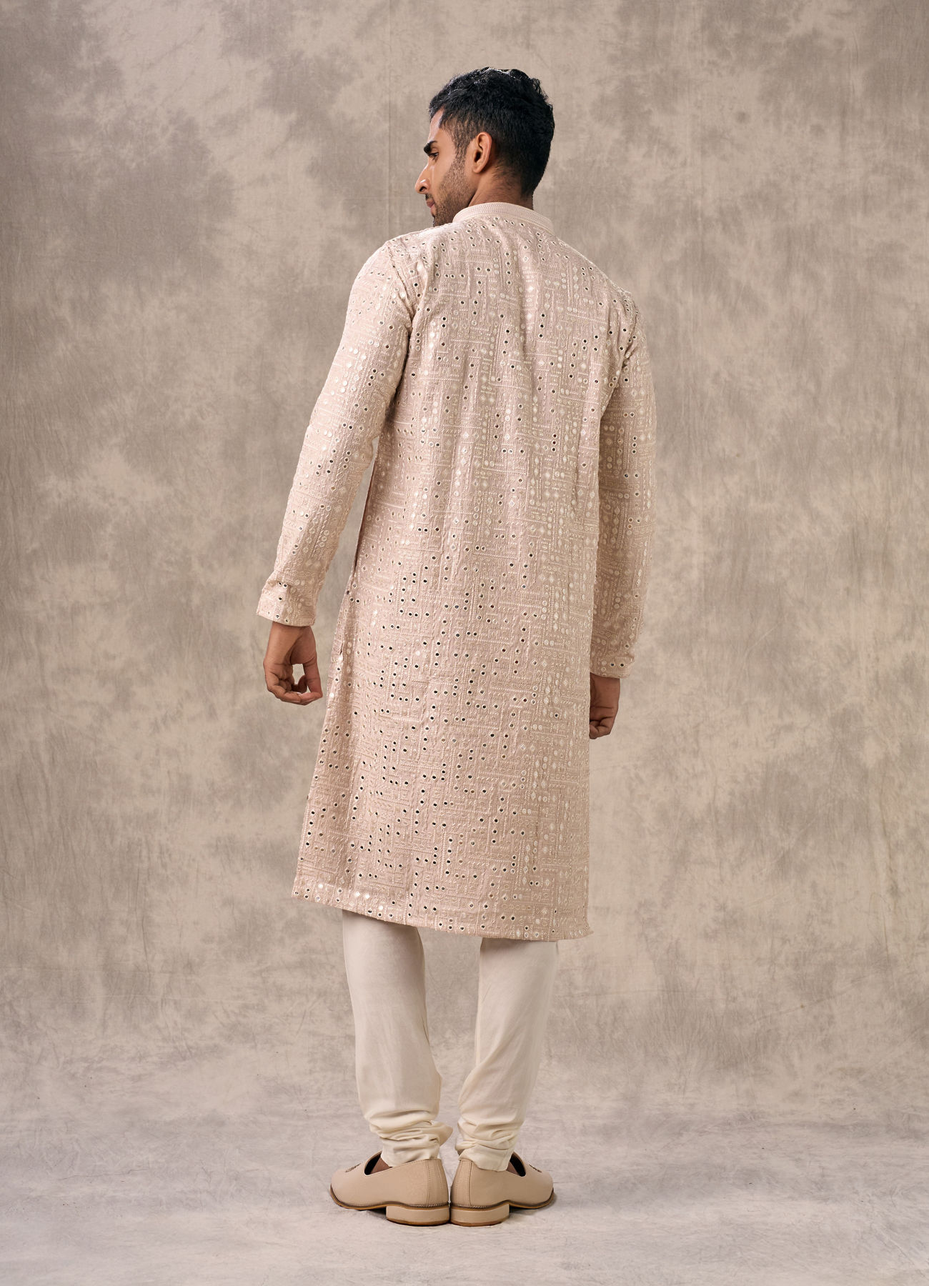 Twamev Men Pink Georgette Mirror Work  Embroidered Kurta Set