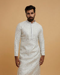 Twamev Men Light Grey Georgette Mirror Work Kurta Set