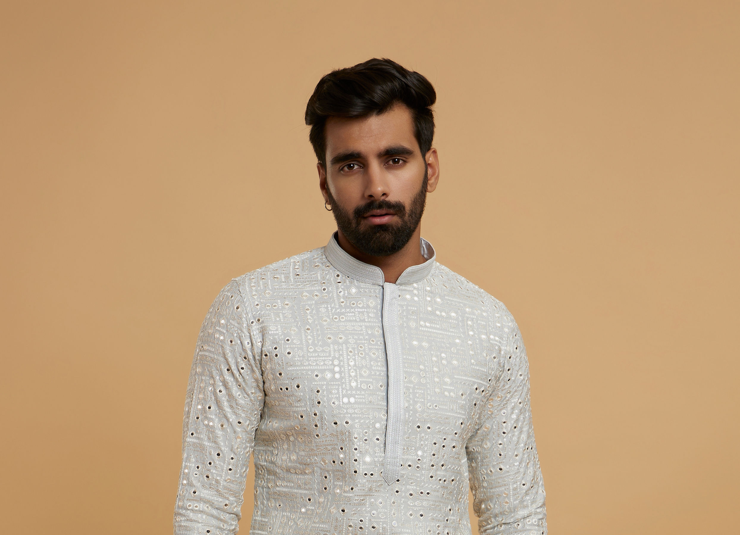 Twamev Men Light Grey Georgette Mirror Work Kurta Set