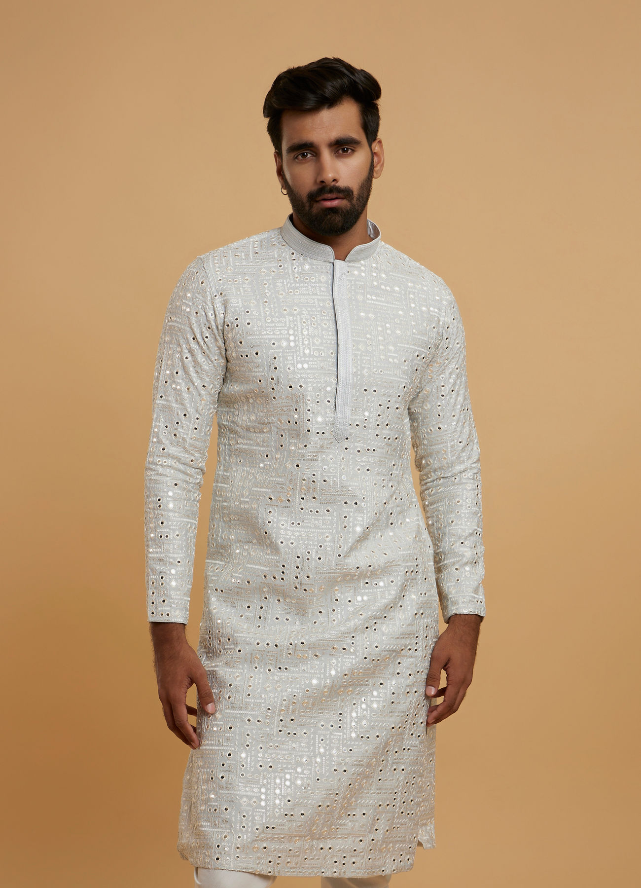 Twamev Men Light Grey Georgette Mirror Work Kurta Set