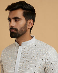 Twamev Men Light Grey Georgette Mirror Work Kurta Set