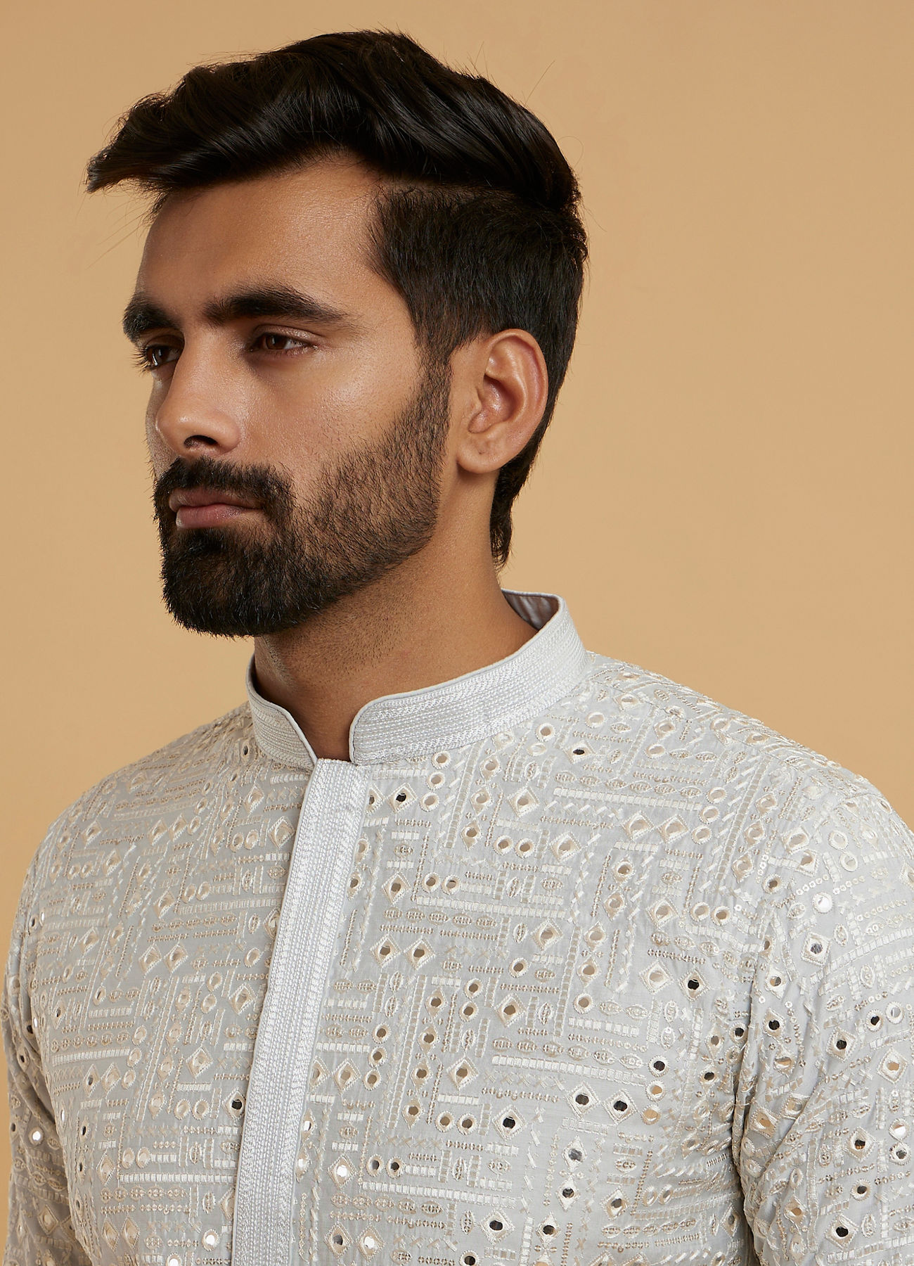 Twamev Men Light Grey Georgette Mirror Work Kurta Set