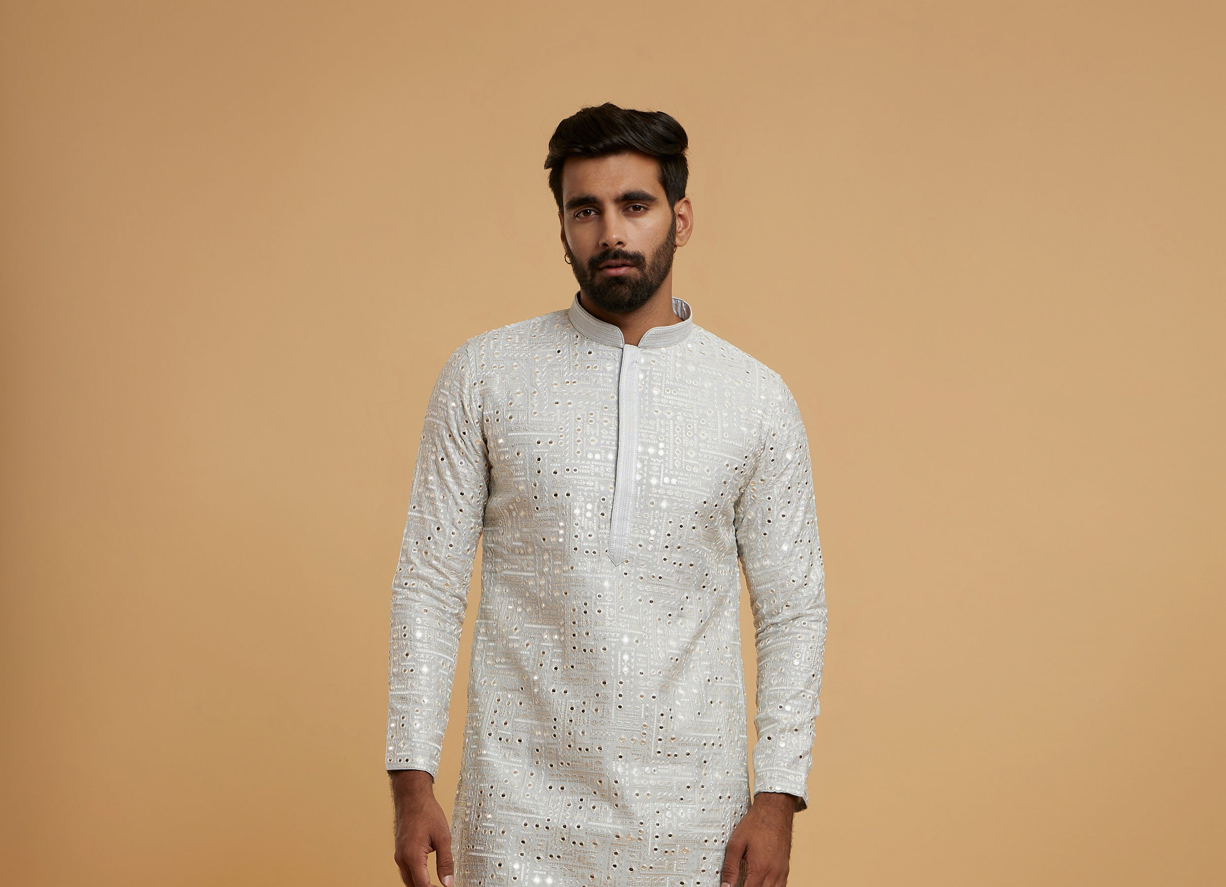 Twamev Men Light Grey Georgette Mirror Work Kurta Set