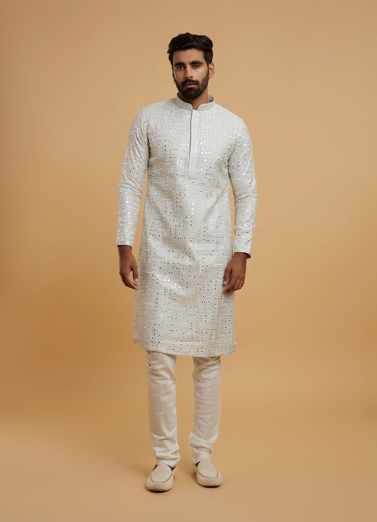 Twamev Men Light Grey Georgette Mirror Work Kurta Set