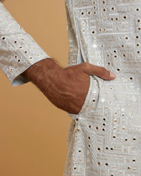 Twamev Men Light Grey Georgette Mirror Work Kurta Set