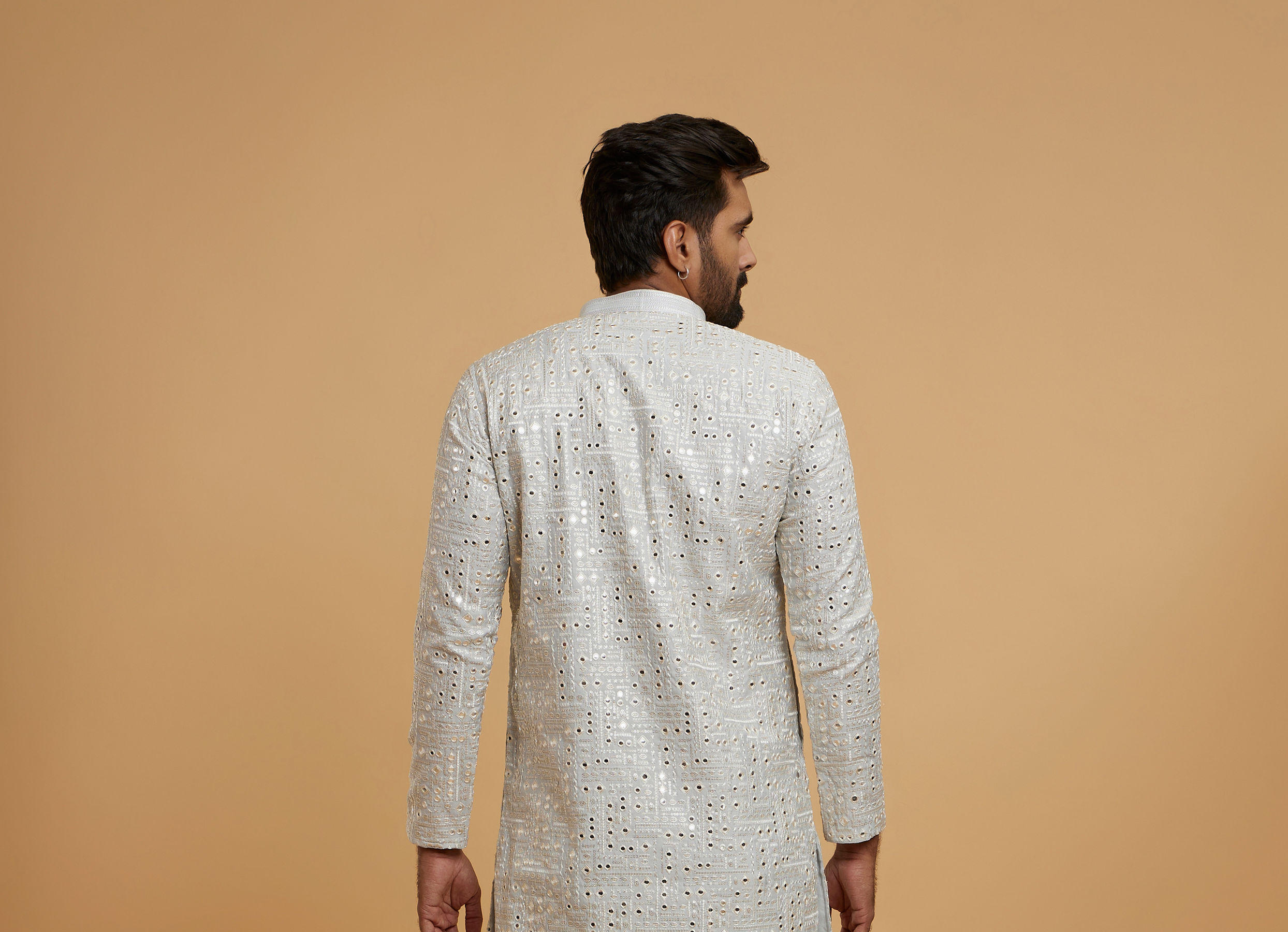 Twamev Men Light Grey Georgette Mirror Work Kurta Set