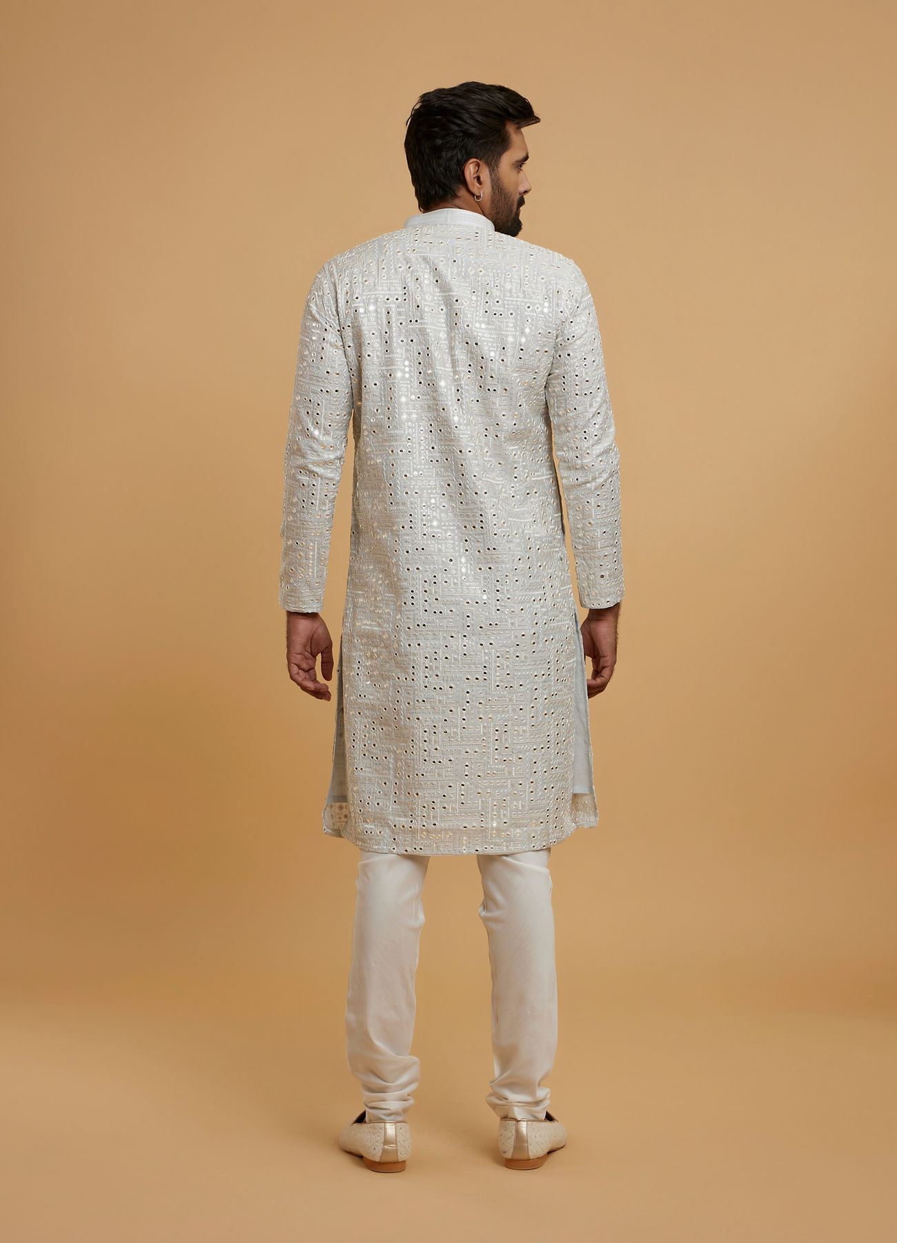Twamev Men Light Grey Georgette Mirror Work Kurta Set