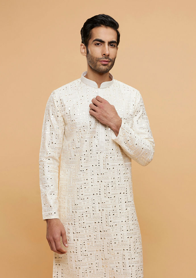 Twamev Men Warm White Mirror Embellished Kurta Set