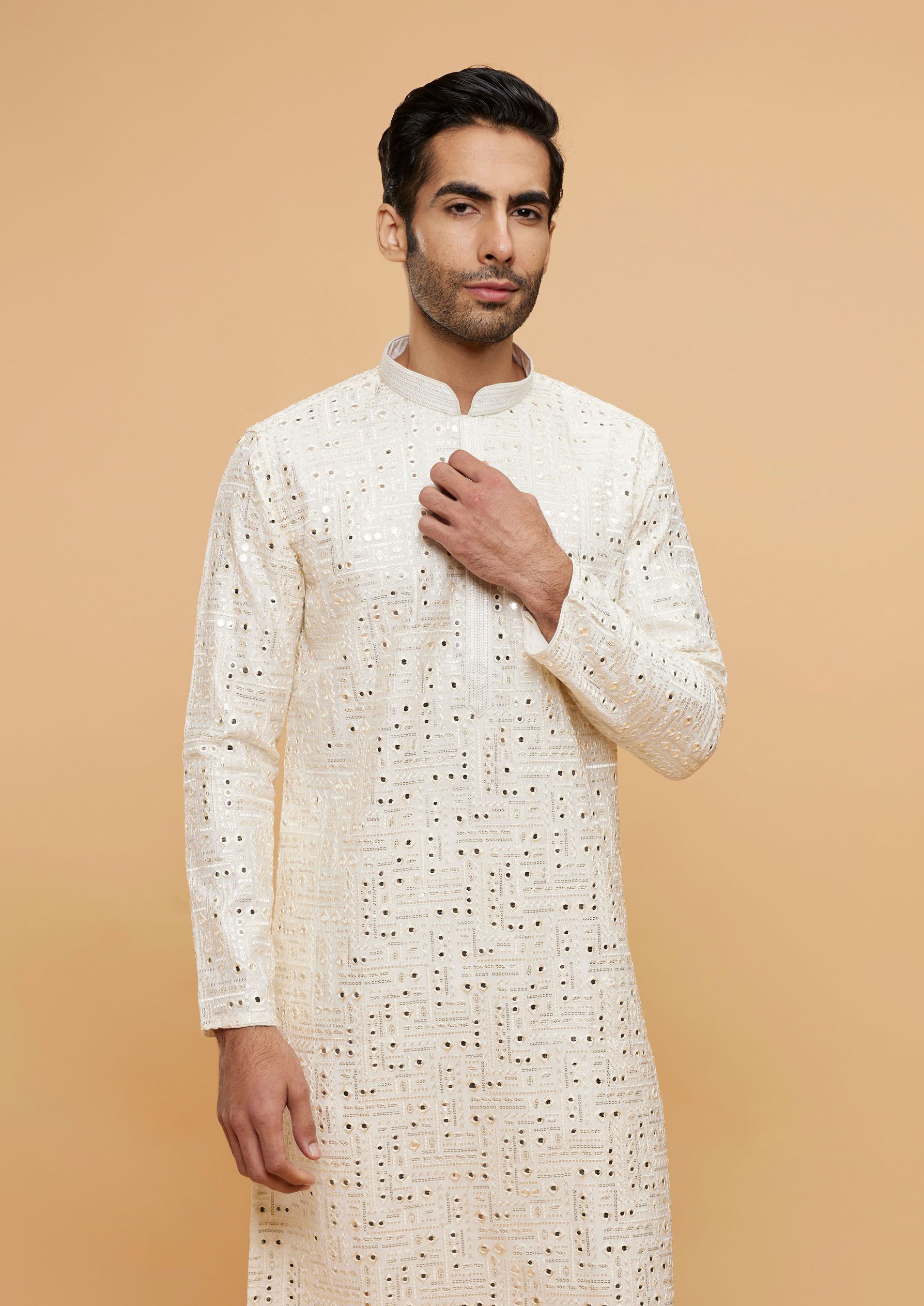 Twamev Men Warm White Mirror Embellished Kurta Set