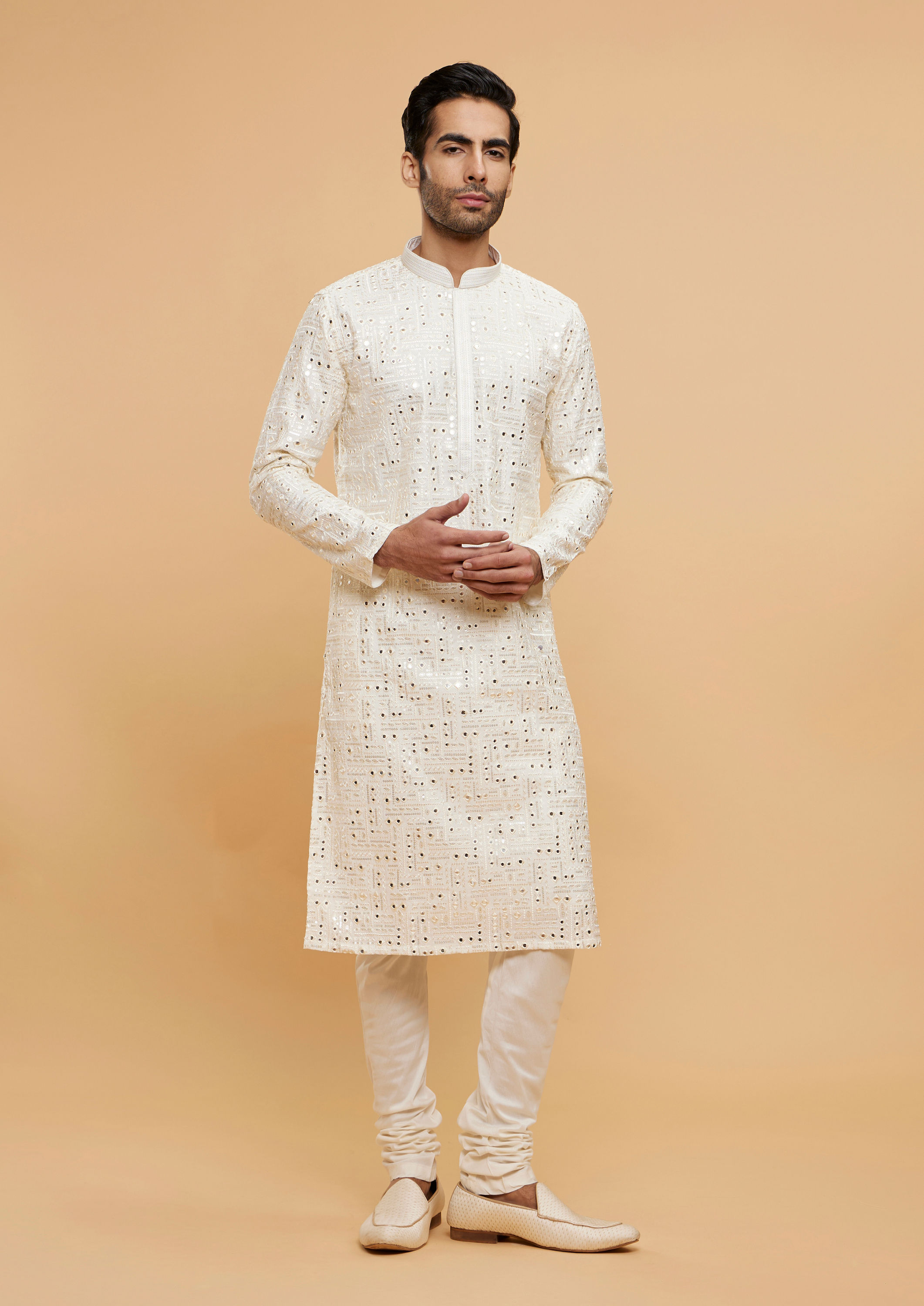 Twamev Men Warm White Mirror Embellished Kurta Set