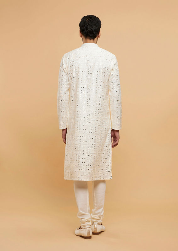 Twamev Men Warm White Mirror Embellished Kurta Set