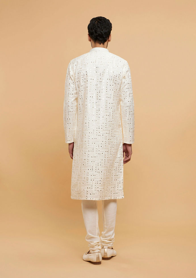 Twamev Men Warm White Mirror Embellished Kurta Set