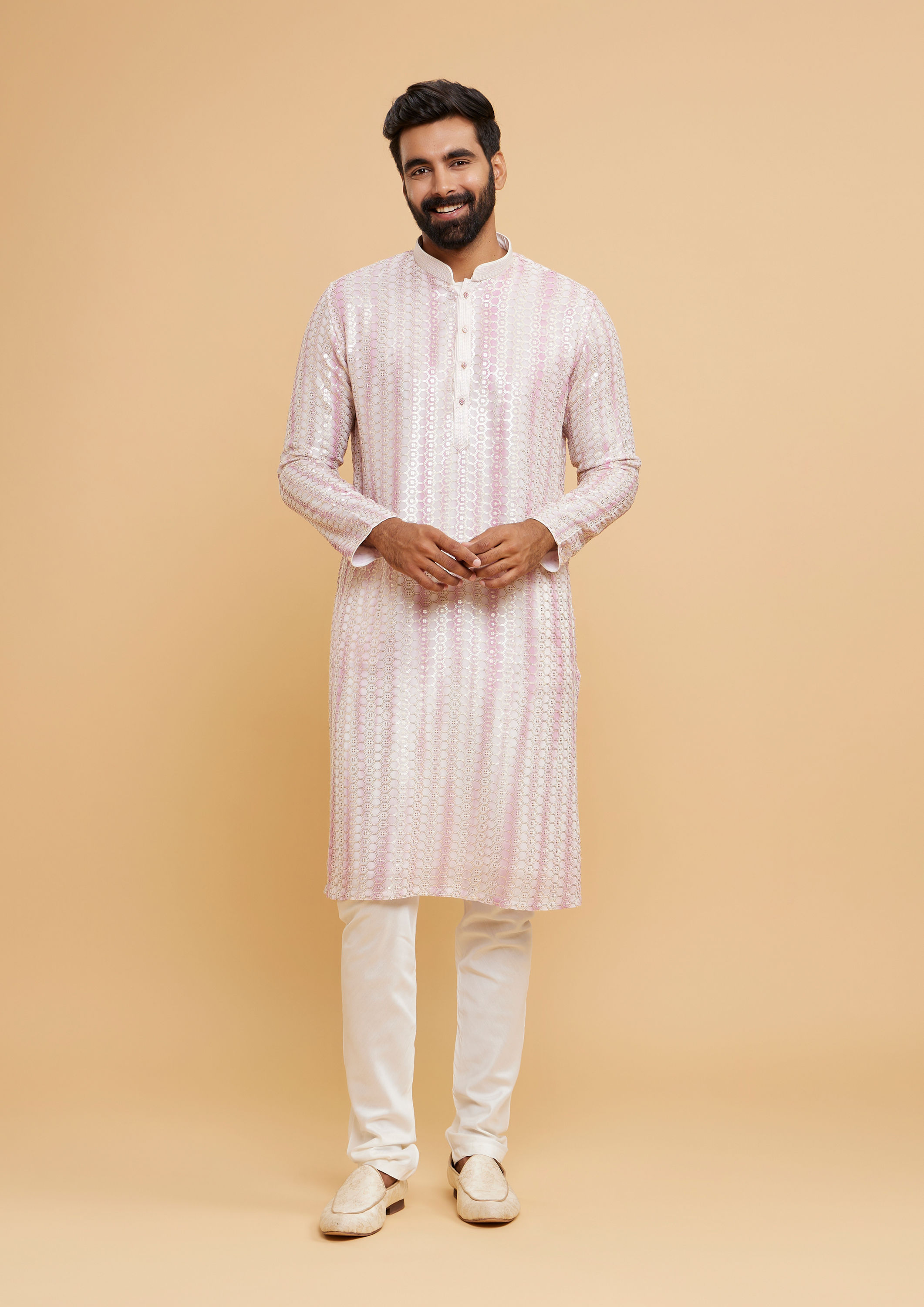 Twamev Men Regal Cream Pink Kurta Pajama Set