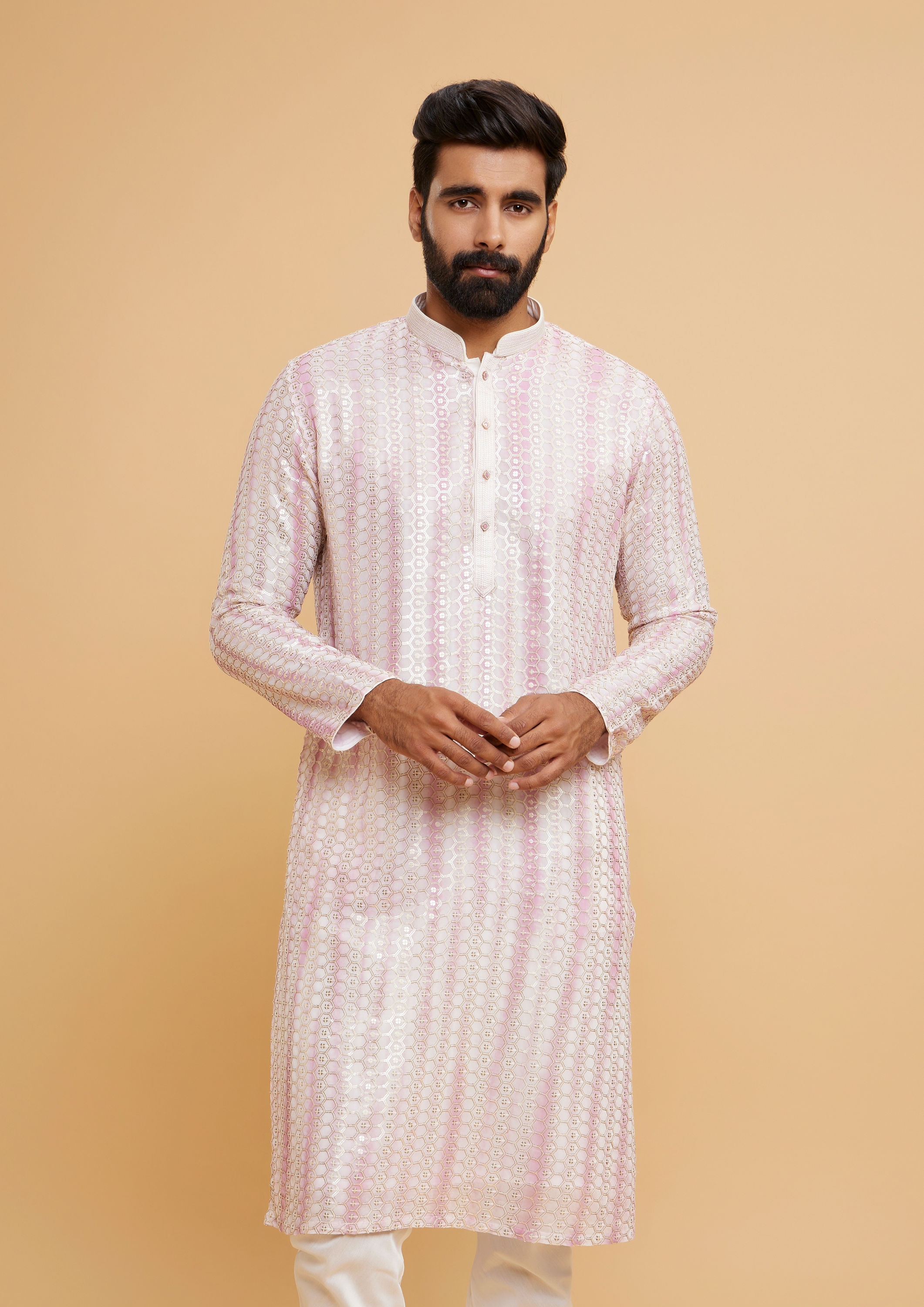 Twamev Men Regal Cream Pink Kurta Pajama Set