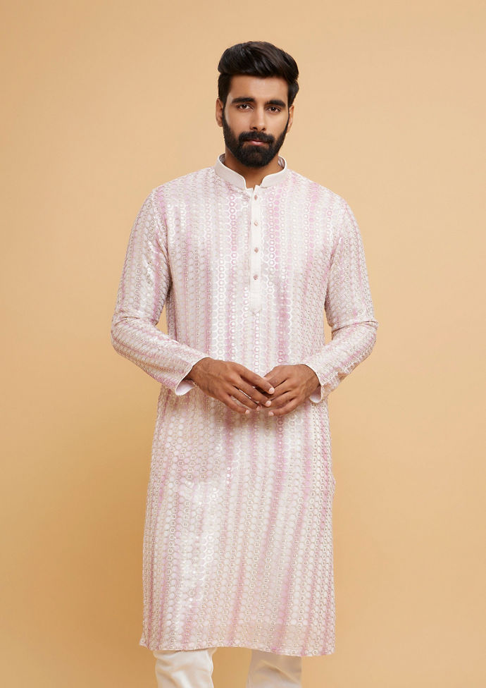 Twamev Men Regal Cream Pink Kurta Pajama Set