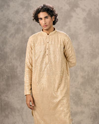 Twamev Men Beige Georgette Mirror Work Kurta Set