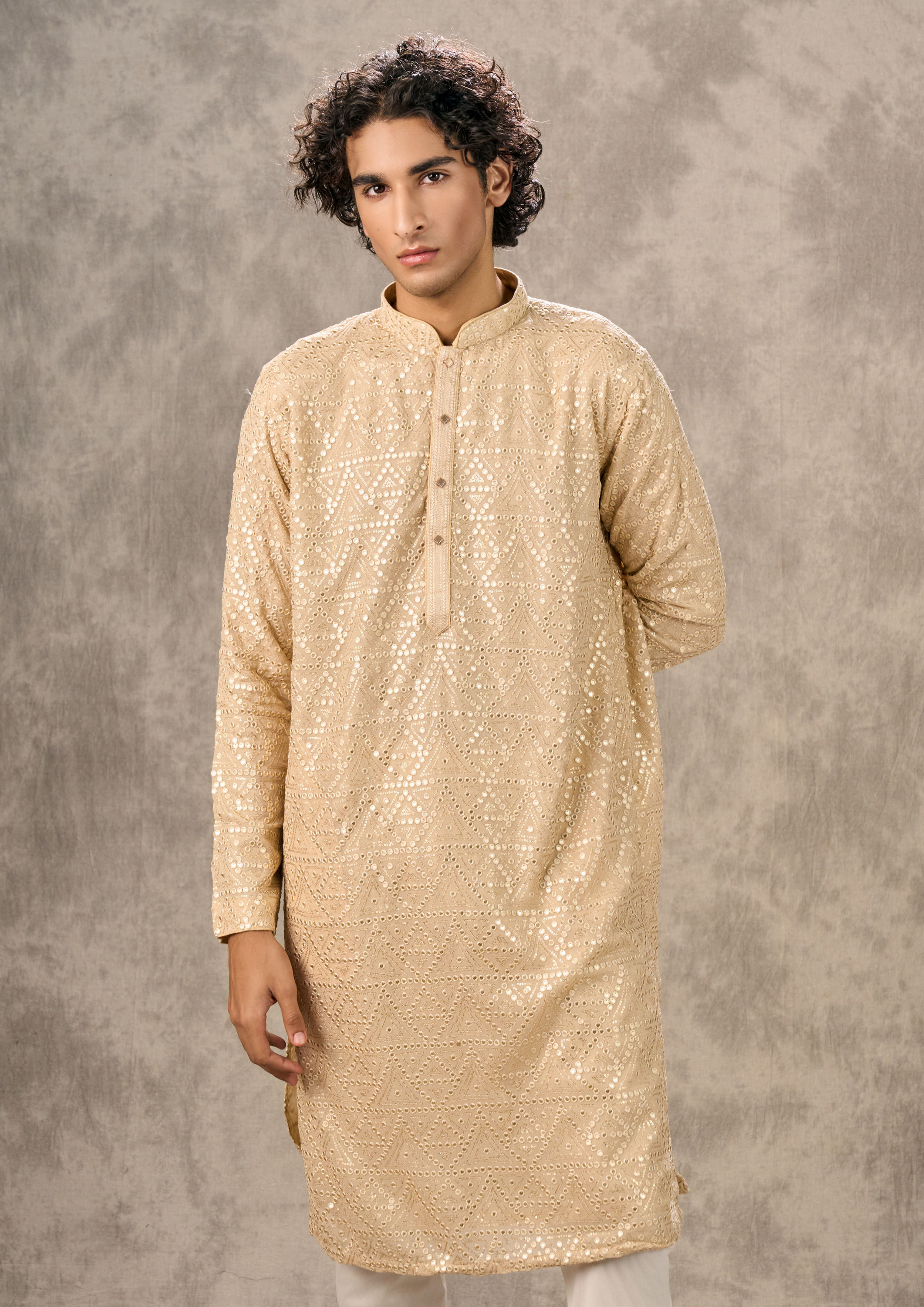 Twamev Men Regal Beige Georgette Kurta Churidar