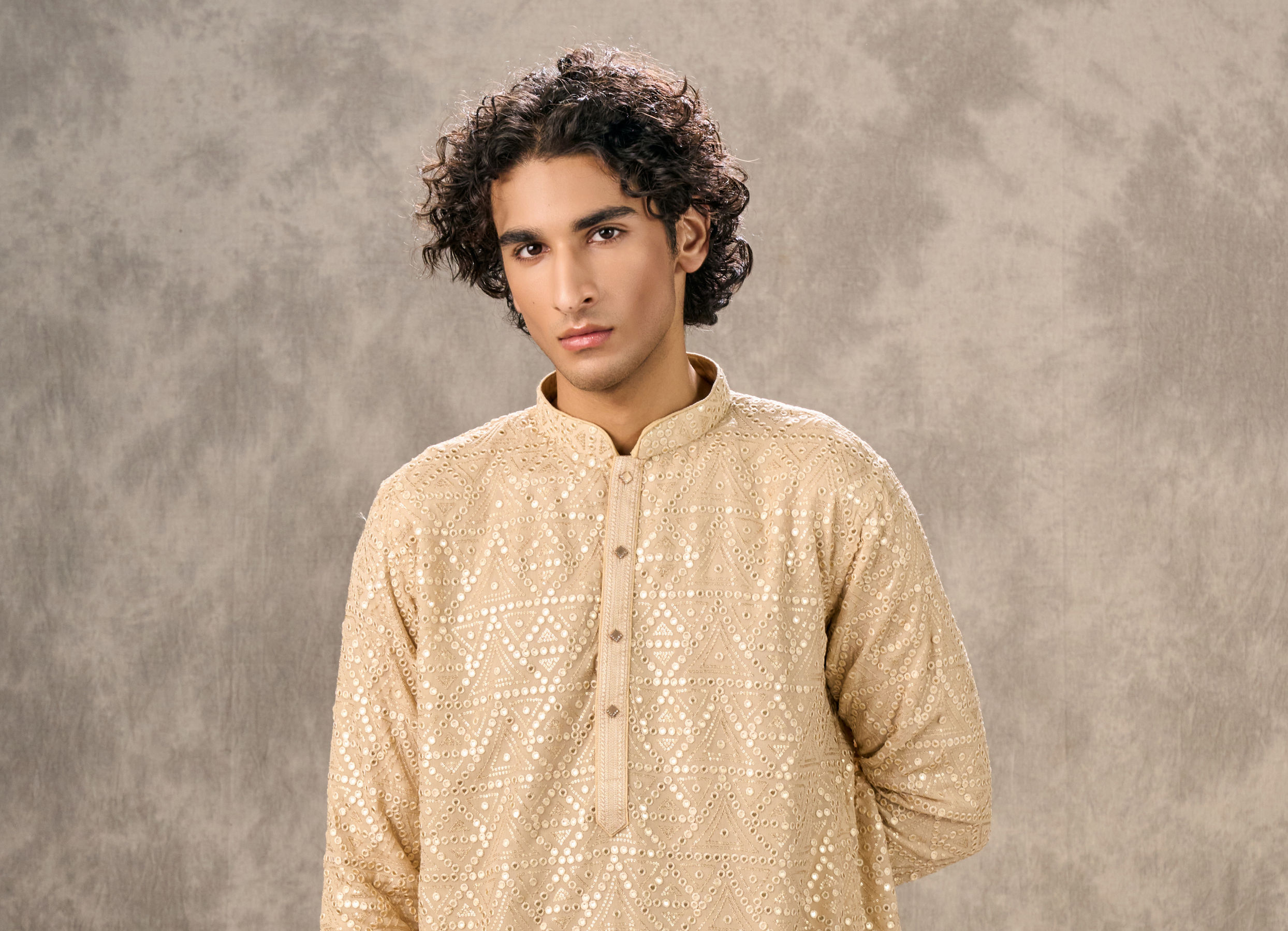 Twamev Men Beige Georgette Mirror Work Kurta Set