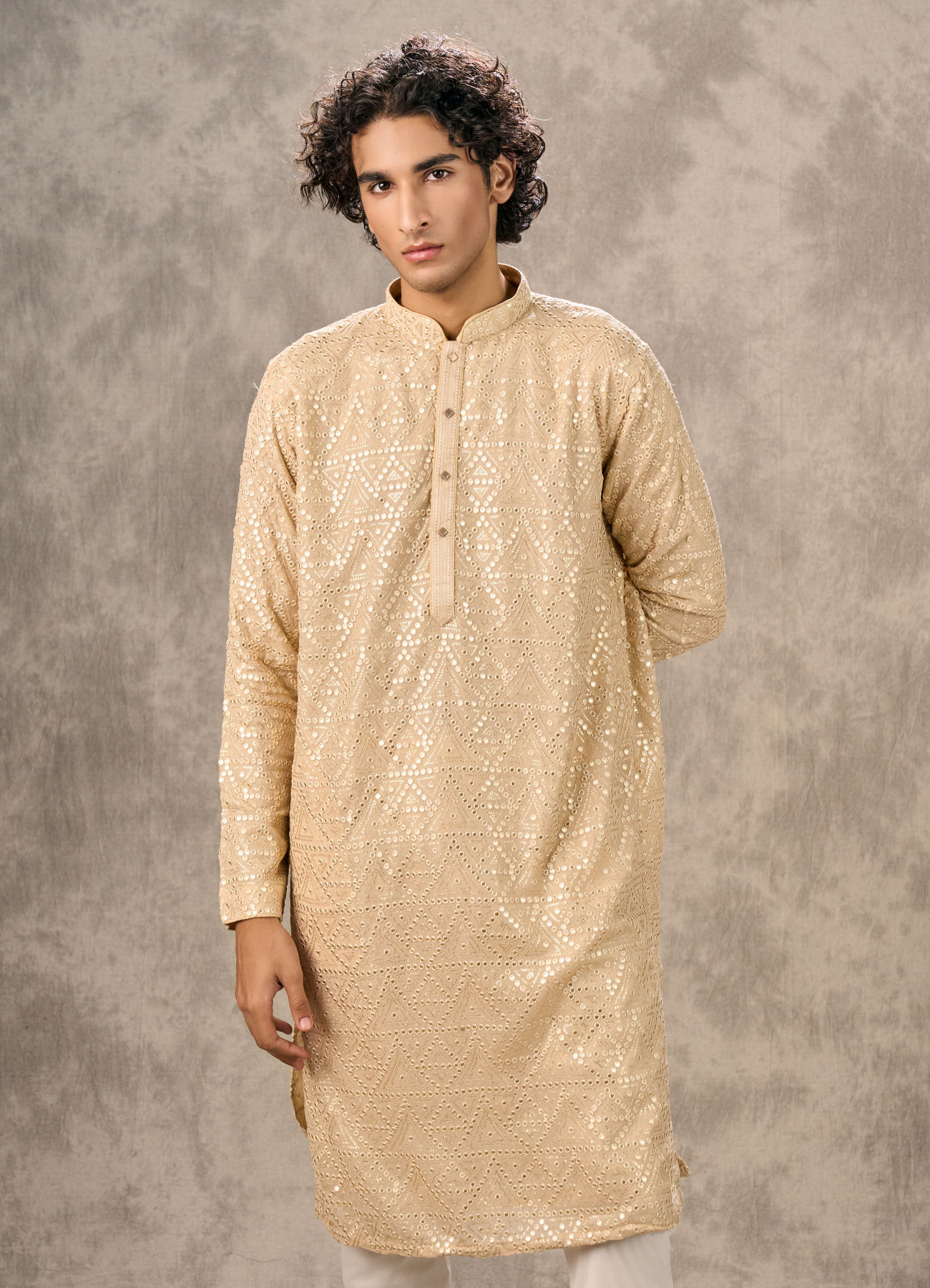 Twamev Men Beige Georgette Mirror Work Kurta Set