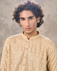 Twamev Men Beige Georgette Mirror Work Kurta Set
