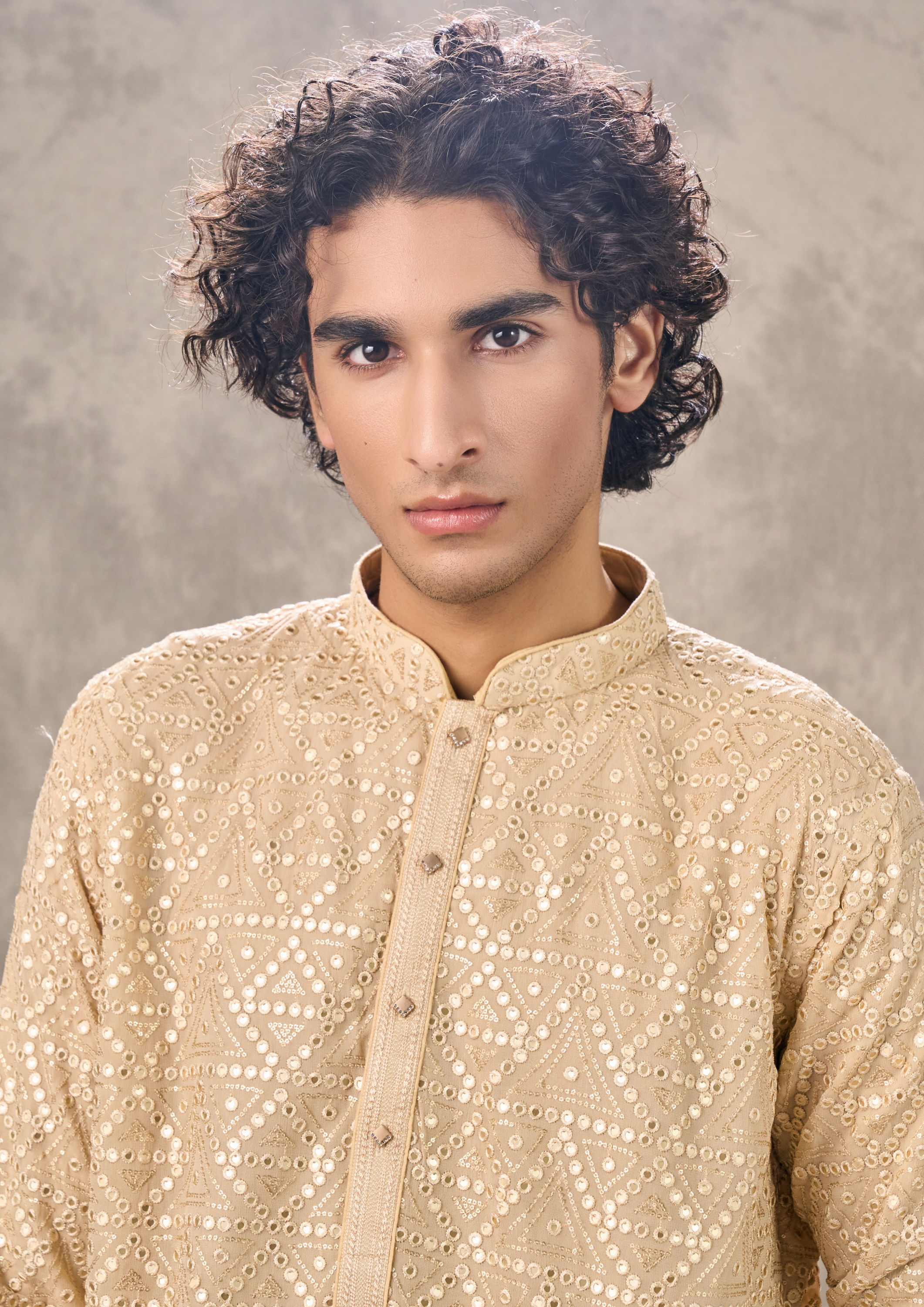 Twamev Men Regal Beige Georgette Kurta Churidar