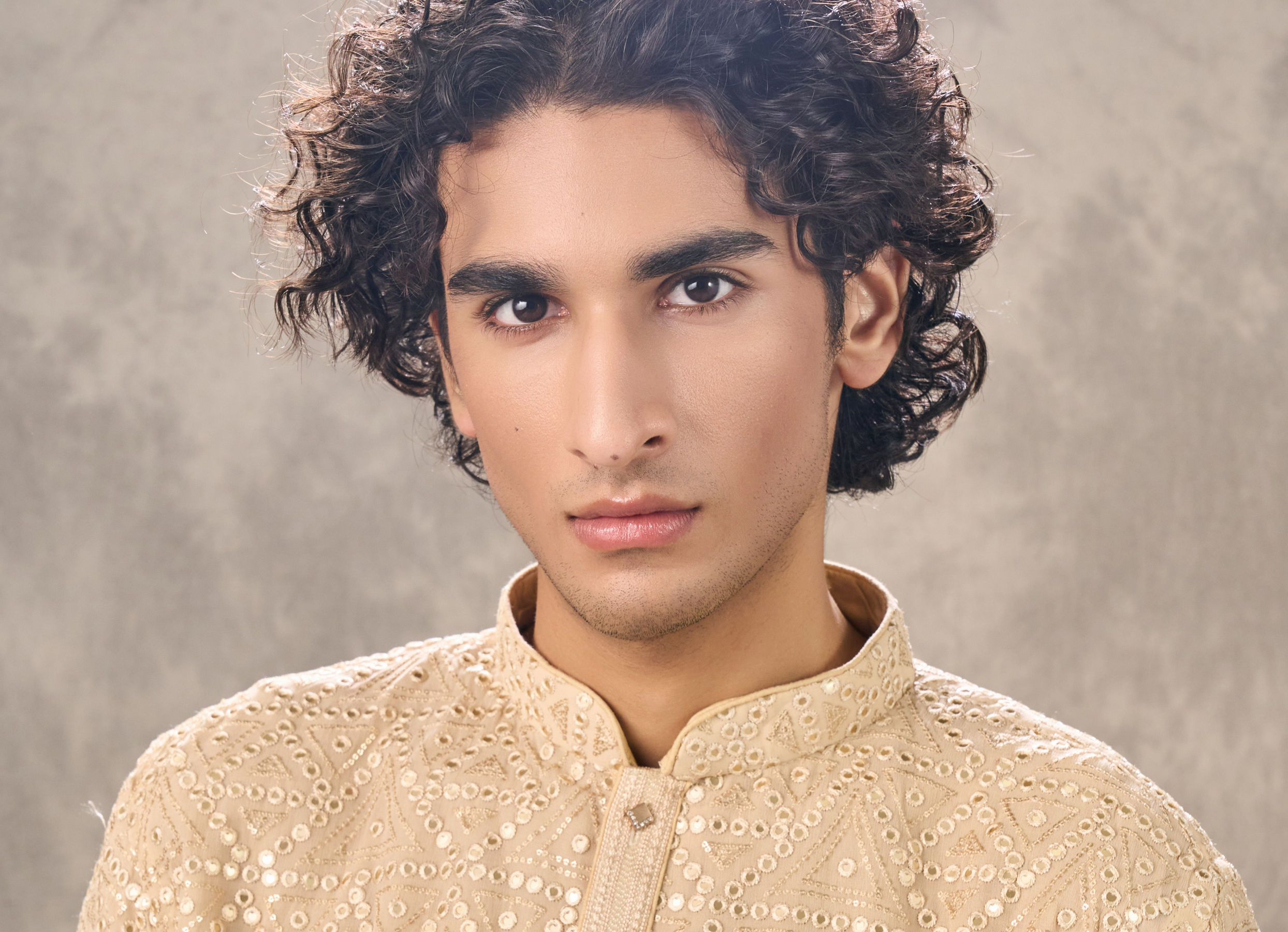 Twamev Men Beige Georgette Mirror Work Kurta Set
