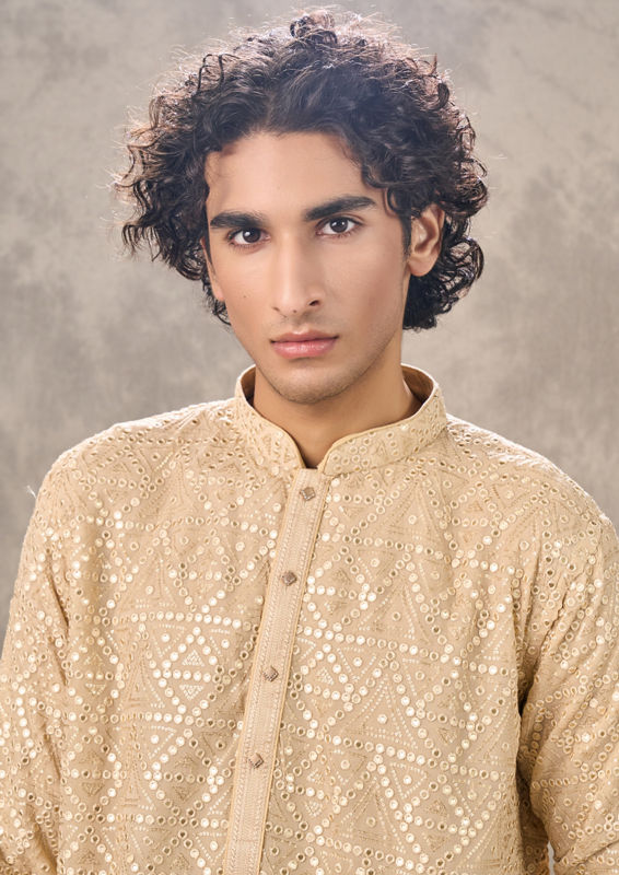 Twamev Men Regal Beige Georgette Kurta Churidar