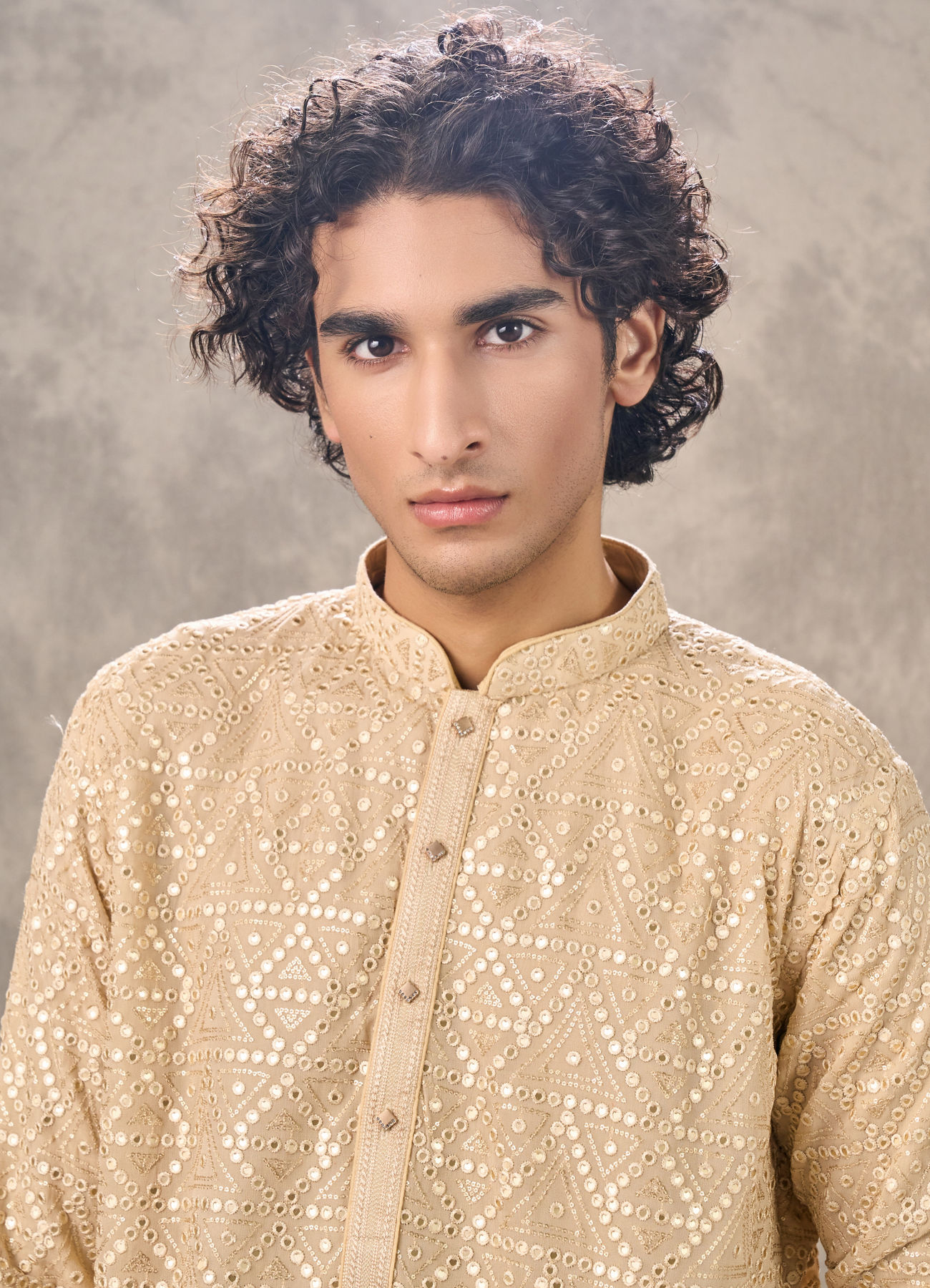 Twamev Men Beige Georgette Mirror Work Kurta Set