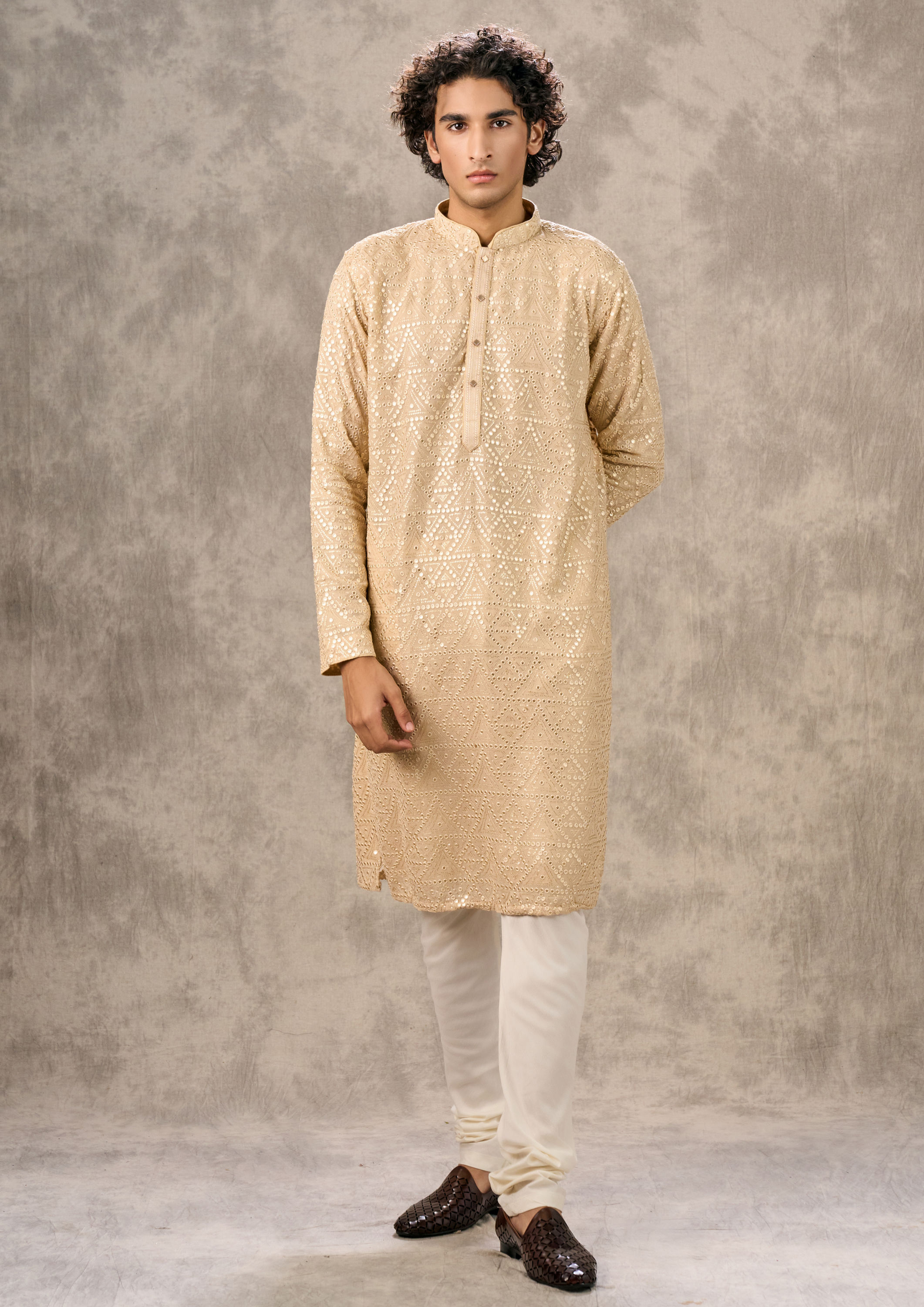 Twamev Men Regal Beige Georgette Kurta Churidar