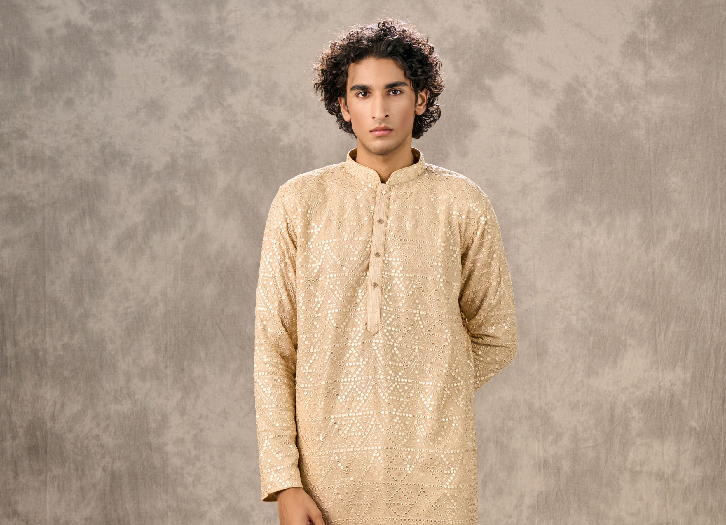 Twamev Men Beige Georgette Mirror Work Kurta Set