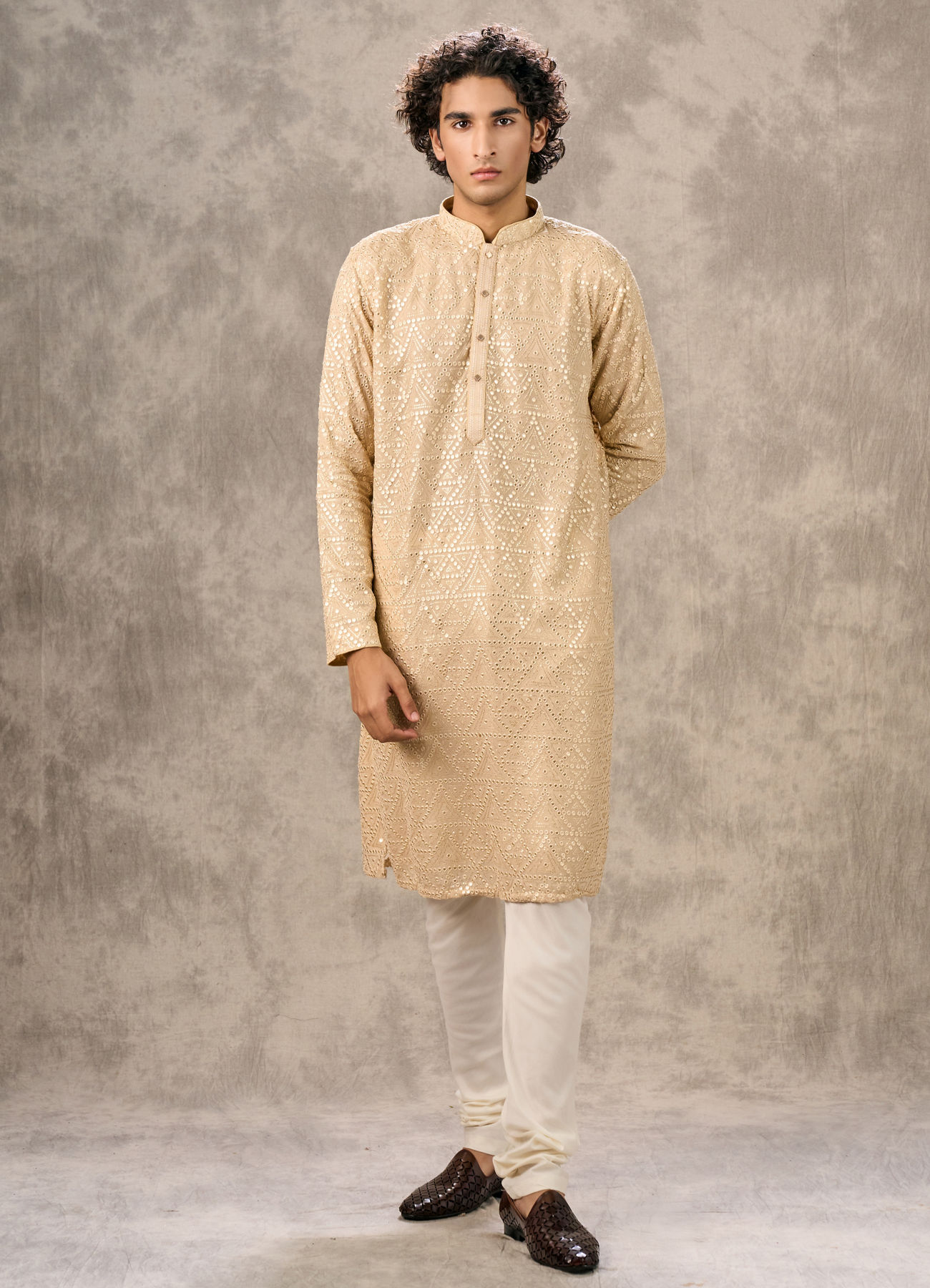 Twamev Men Beige Georgette Mirror Work Kurta Set