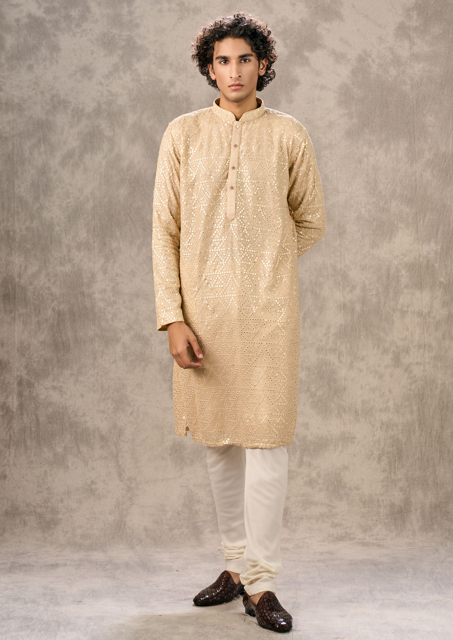 Twamev Men Regal Beige Georgette Kurta Churidar