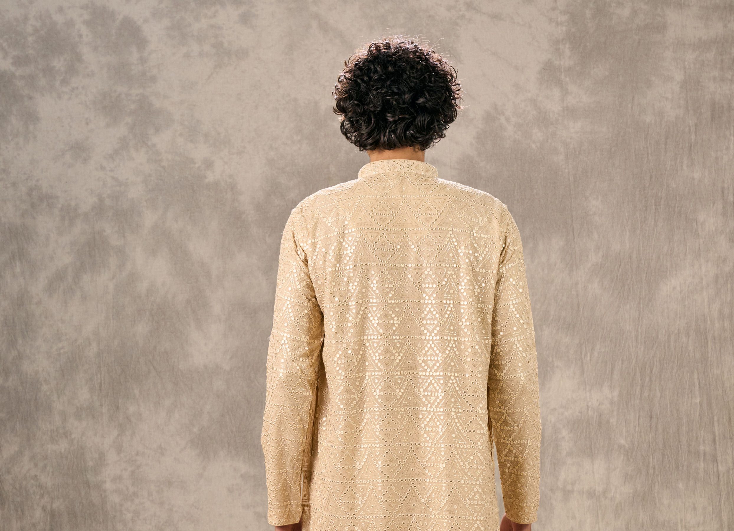 Twamev Men Beige Georgette Mirror Work Kurta Set