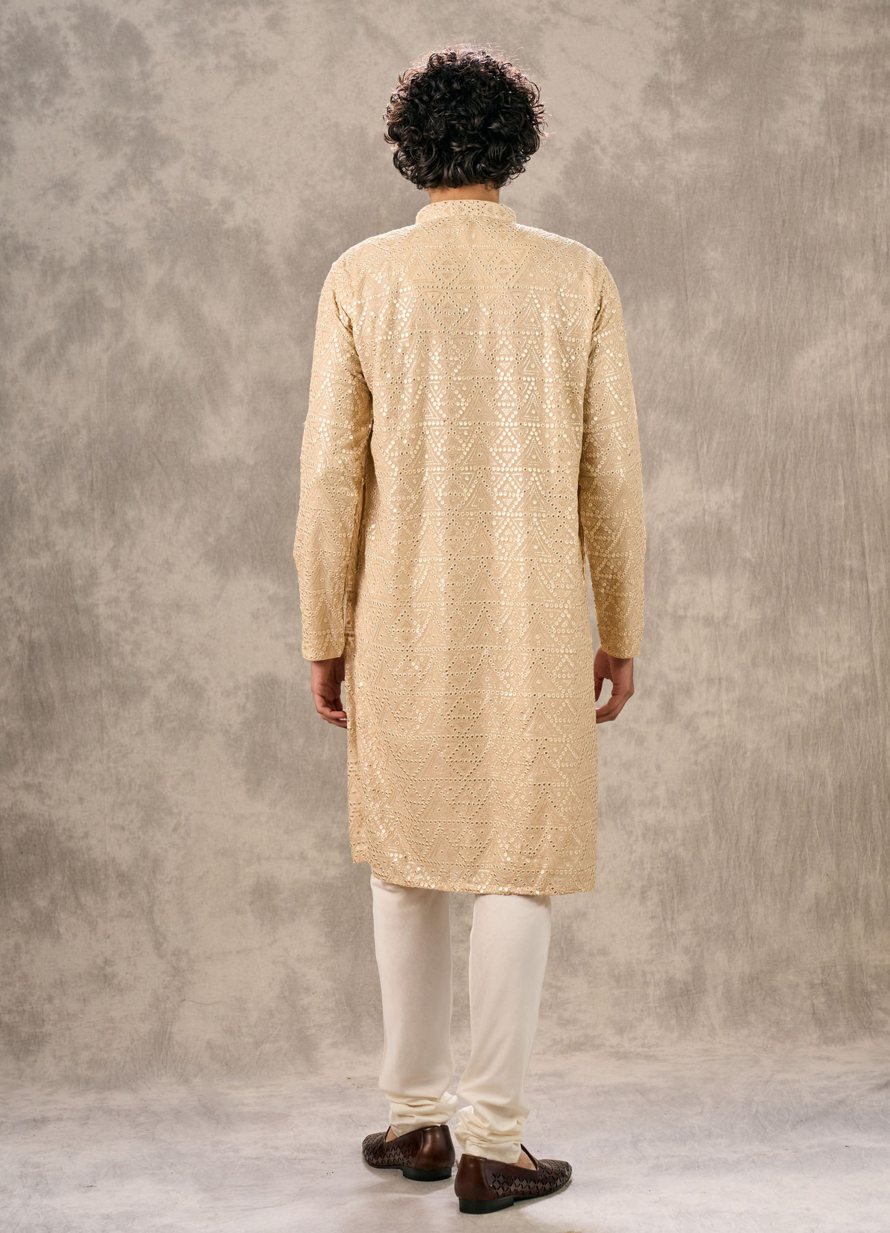 Twamev Men Beige Georgette Mirror Work Kurta Set
