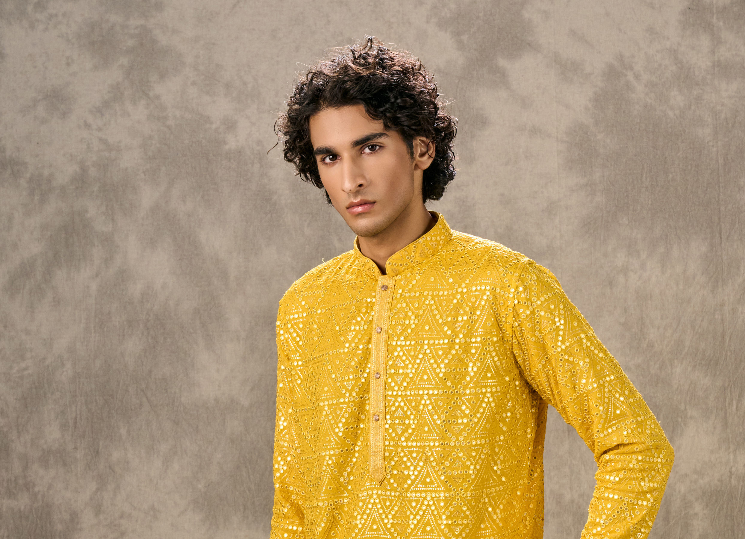 Twamev Men Yellow Georgette Mirror Work Kurta Set