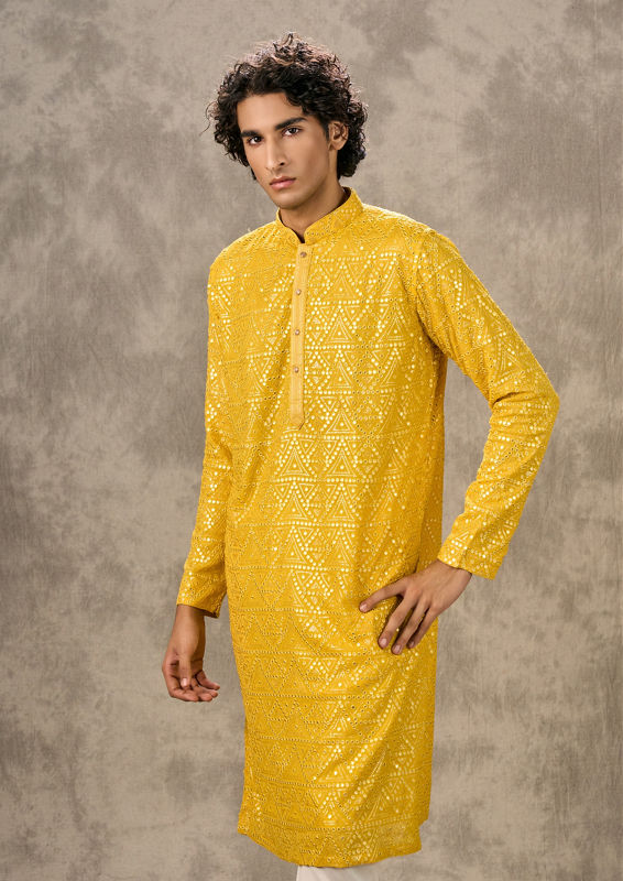 Twamev Men Sunlit Yellow Georgette Kurta Churidar