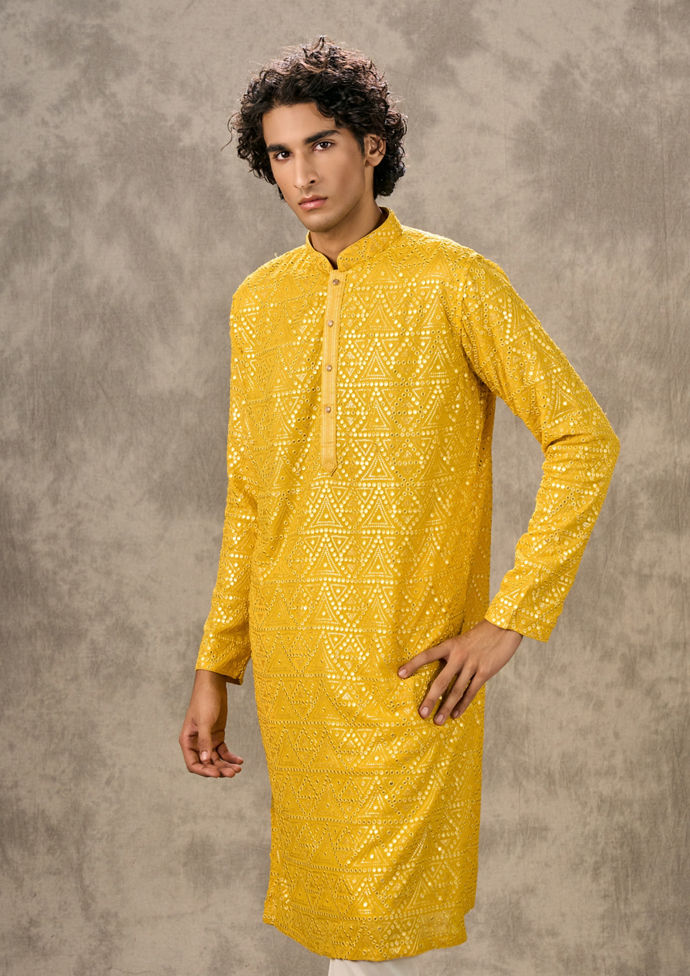 Twamev Men Sunlit Yellow Georgette Kurta Churidar