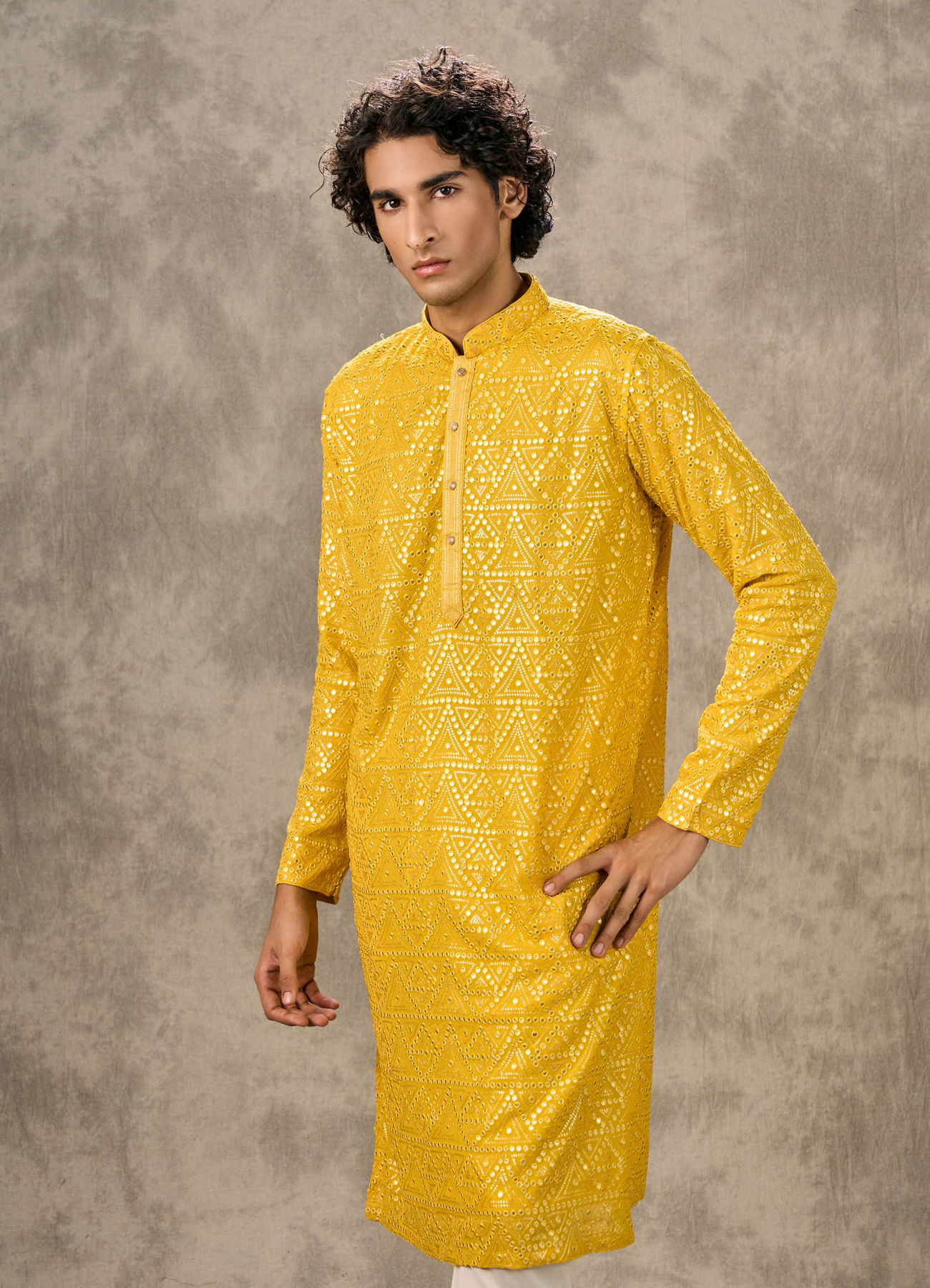 Twamev Men Yellow Georgette Mirror Work Kurta Set