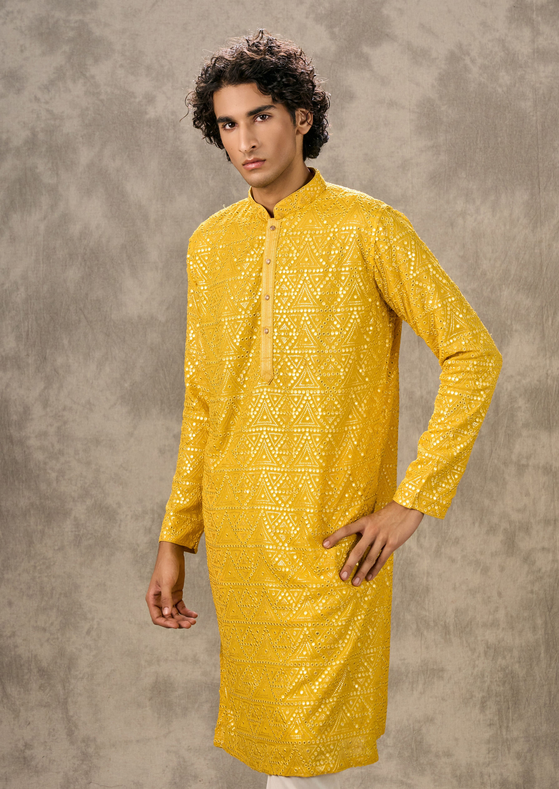Twamev Men Sunlit Yellow Georgette Kurta Churidar