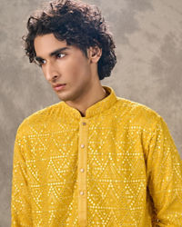 Twamev Men Yellow Georgette Mirror Work Kurta Set