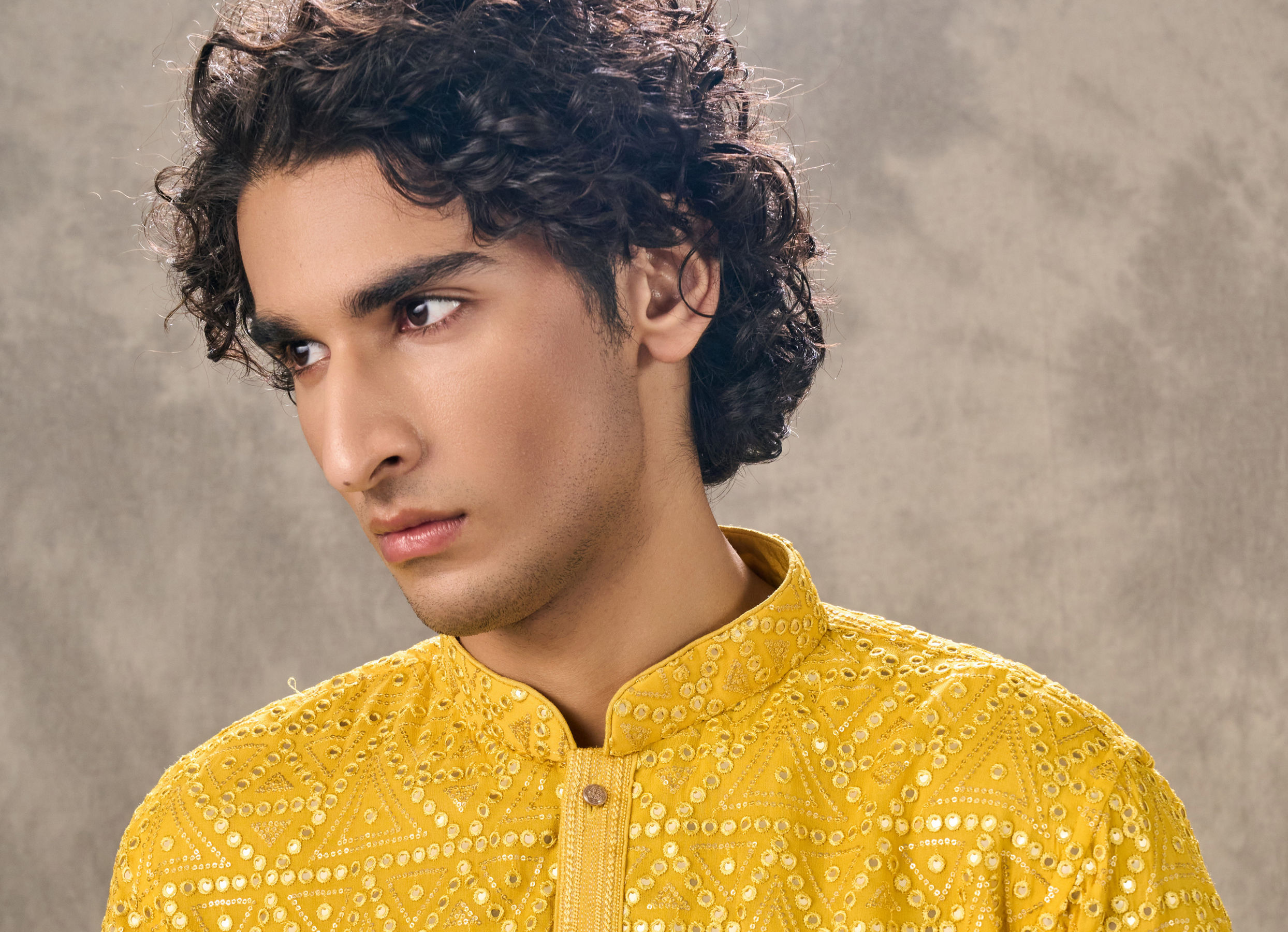 Twamev Men Yellow Georgette Mirror Work Kurta Set
