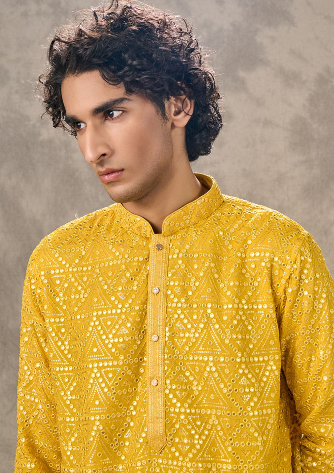 Twamev Men Sunlit Yellow Georgette Kurta Churidar