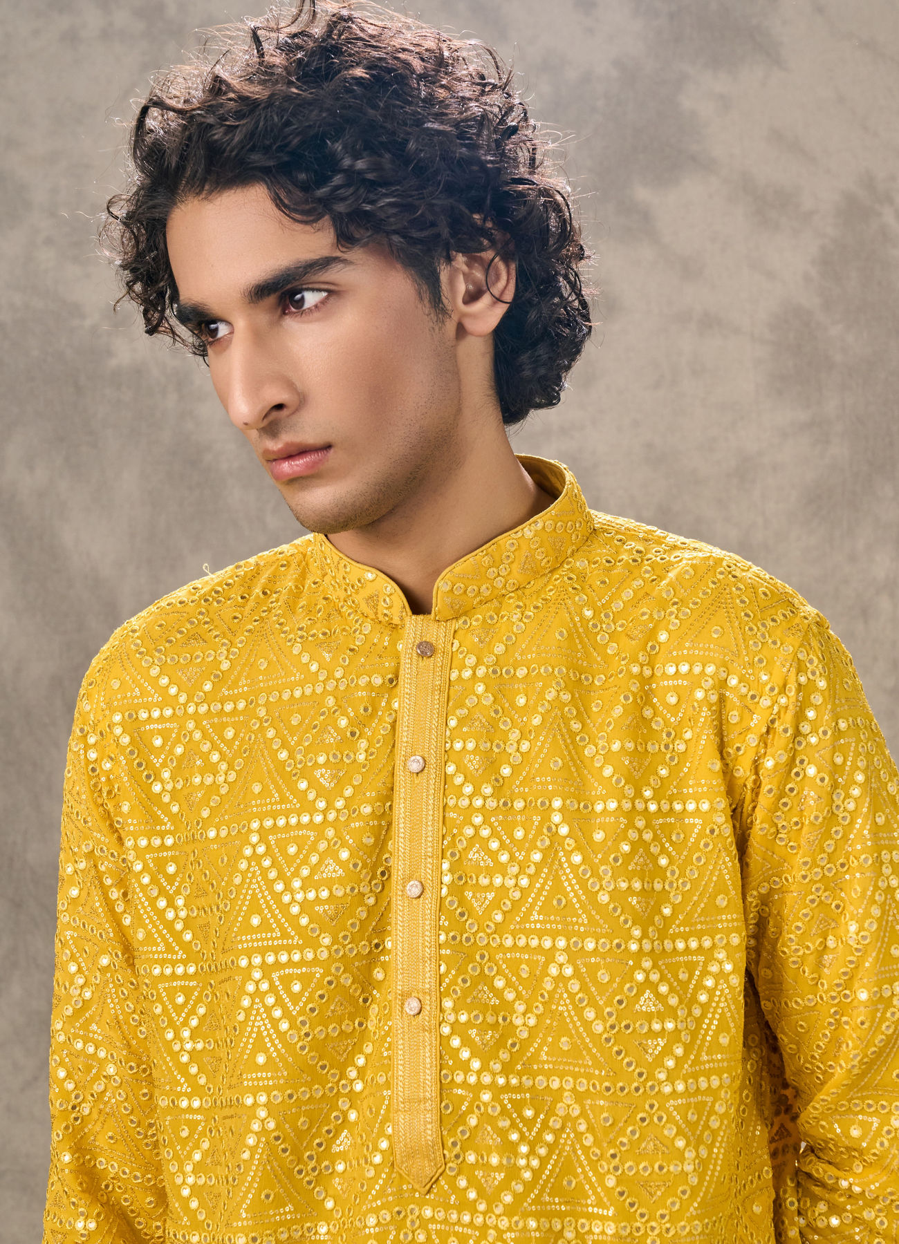 Twamev Men Yellow Georgette Mirror Work Kurta Set
