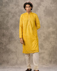Twamev Men Yellow Georgette Mirror Work Kurta Set