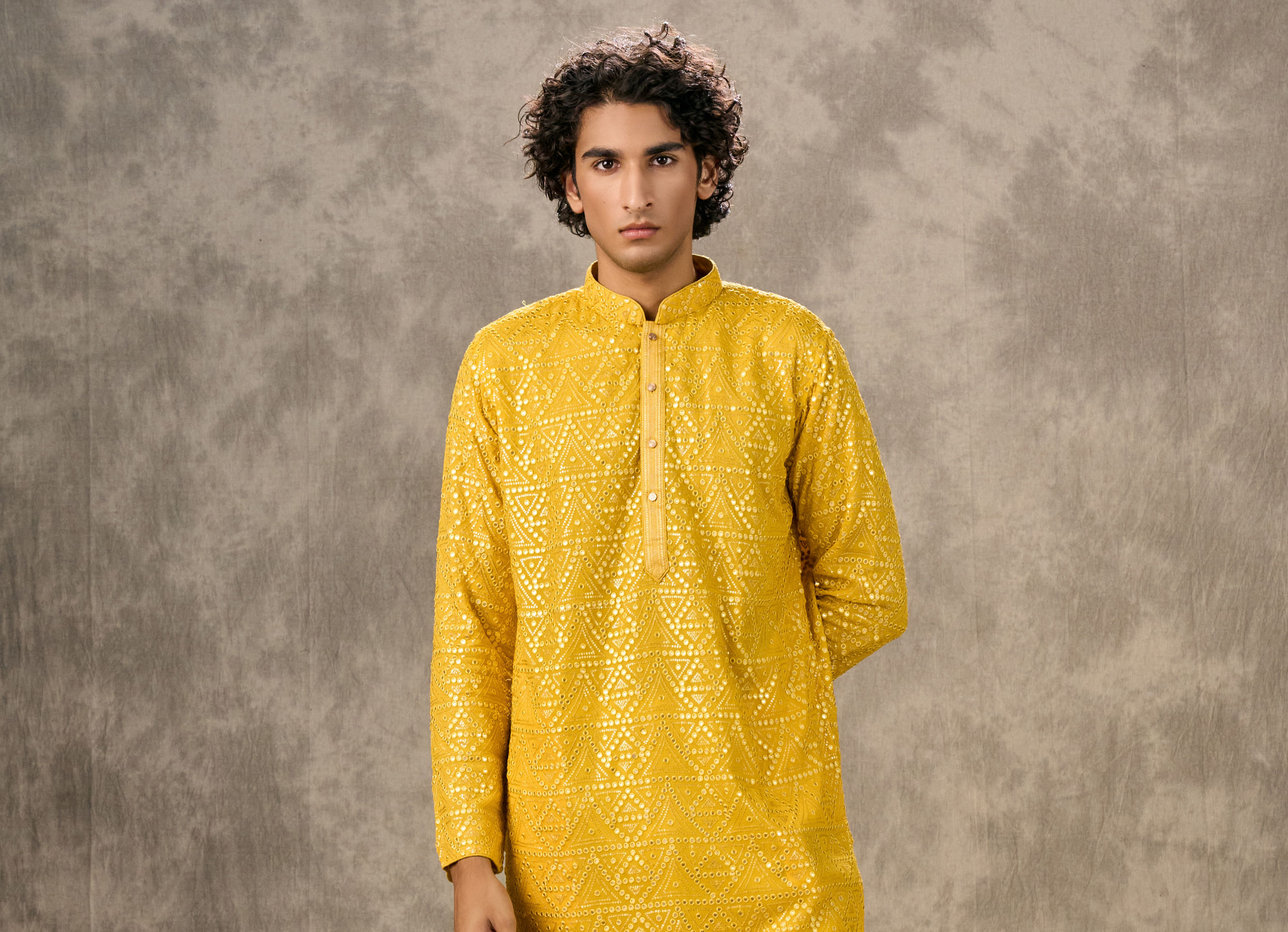 Twamev Men Yellow Georgette Mirror Work Kurta Set